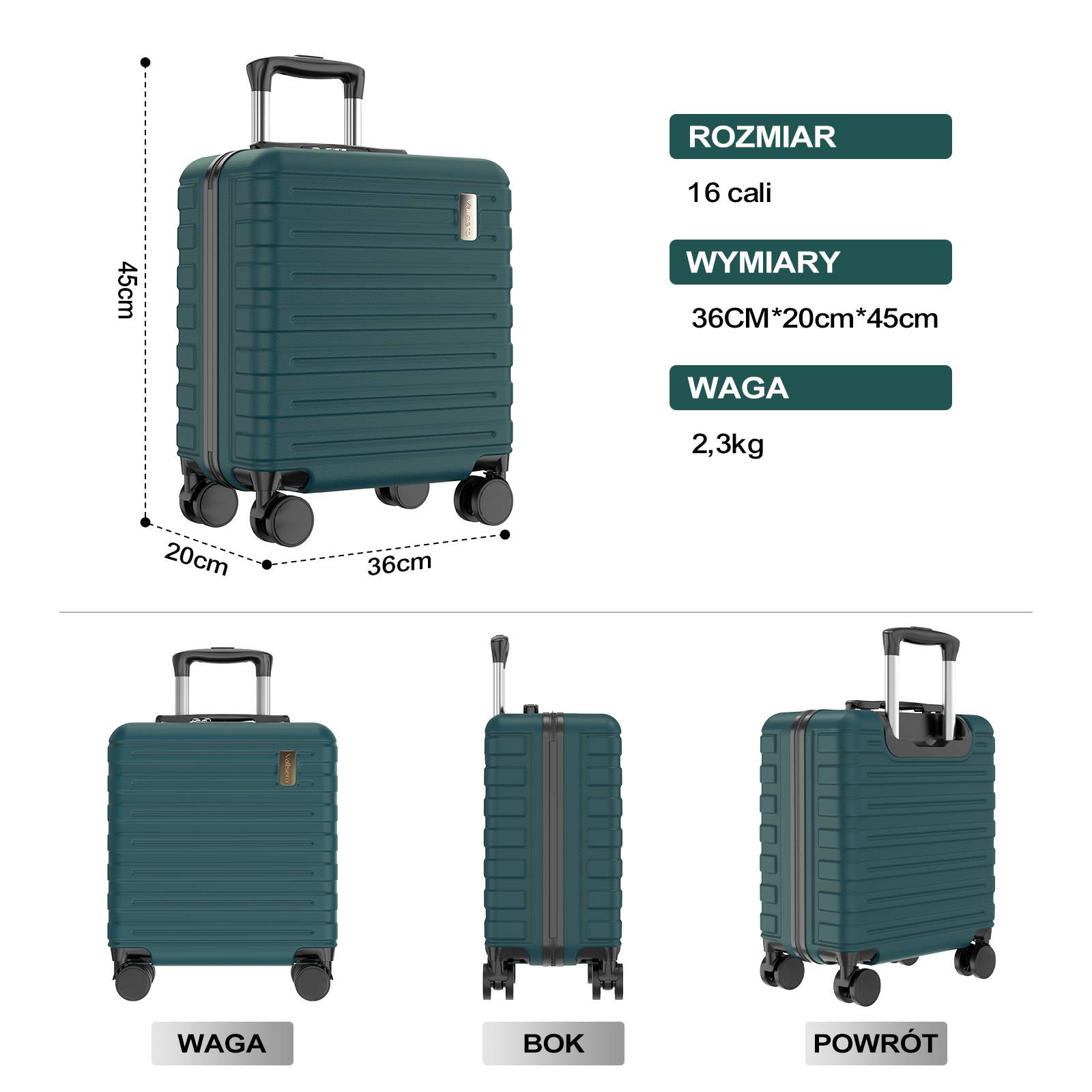 Ciemnozielona walizka na kółkach z wysuwaną rączką.