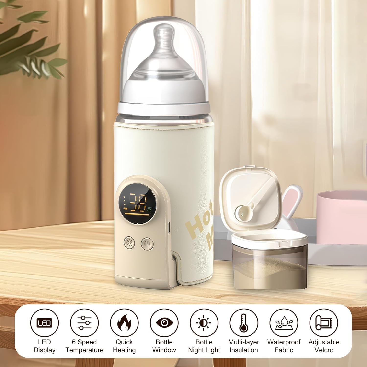 Ein Babyflaschenwärmer mit LED-Anzeige, Temperaturregelung und Milchpulverbehälter.