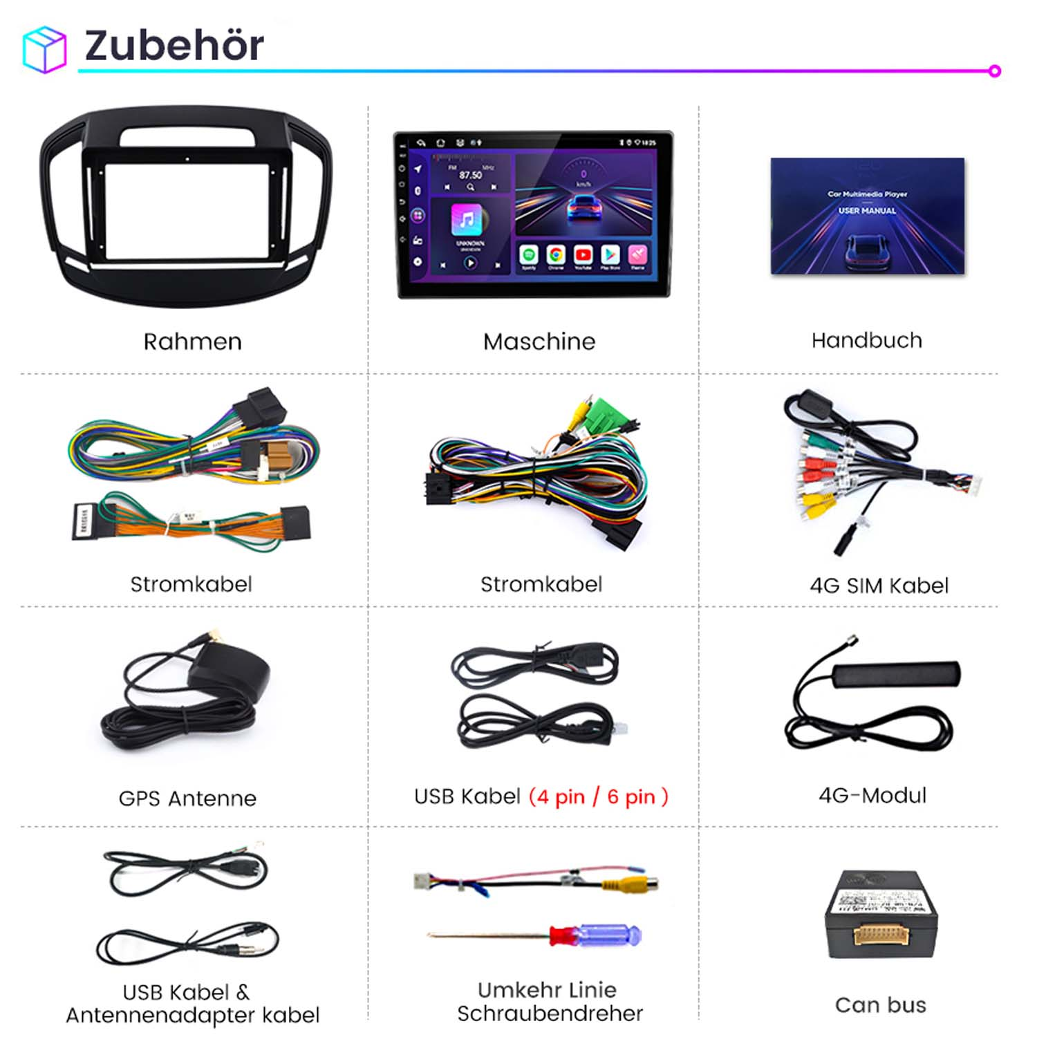 Ein schwarzer Rahmen, ein Autoradio-Display, ein Handbuch und Kabel.
