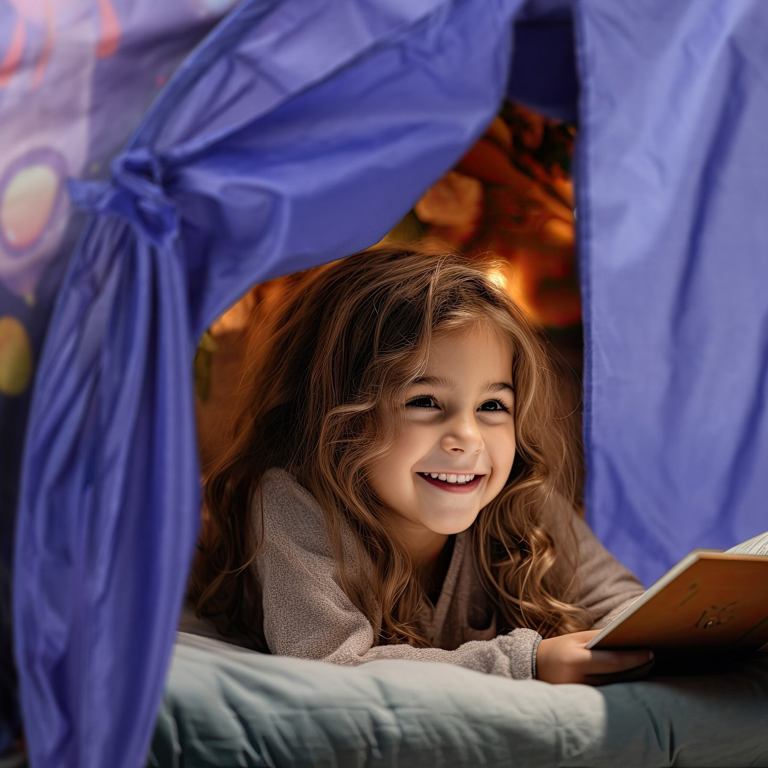 Una niña yace en una tienda de campaña morada leyendo un libro.