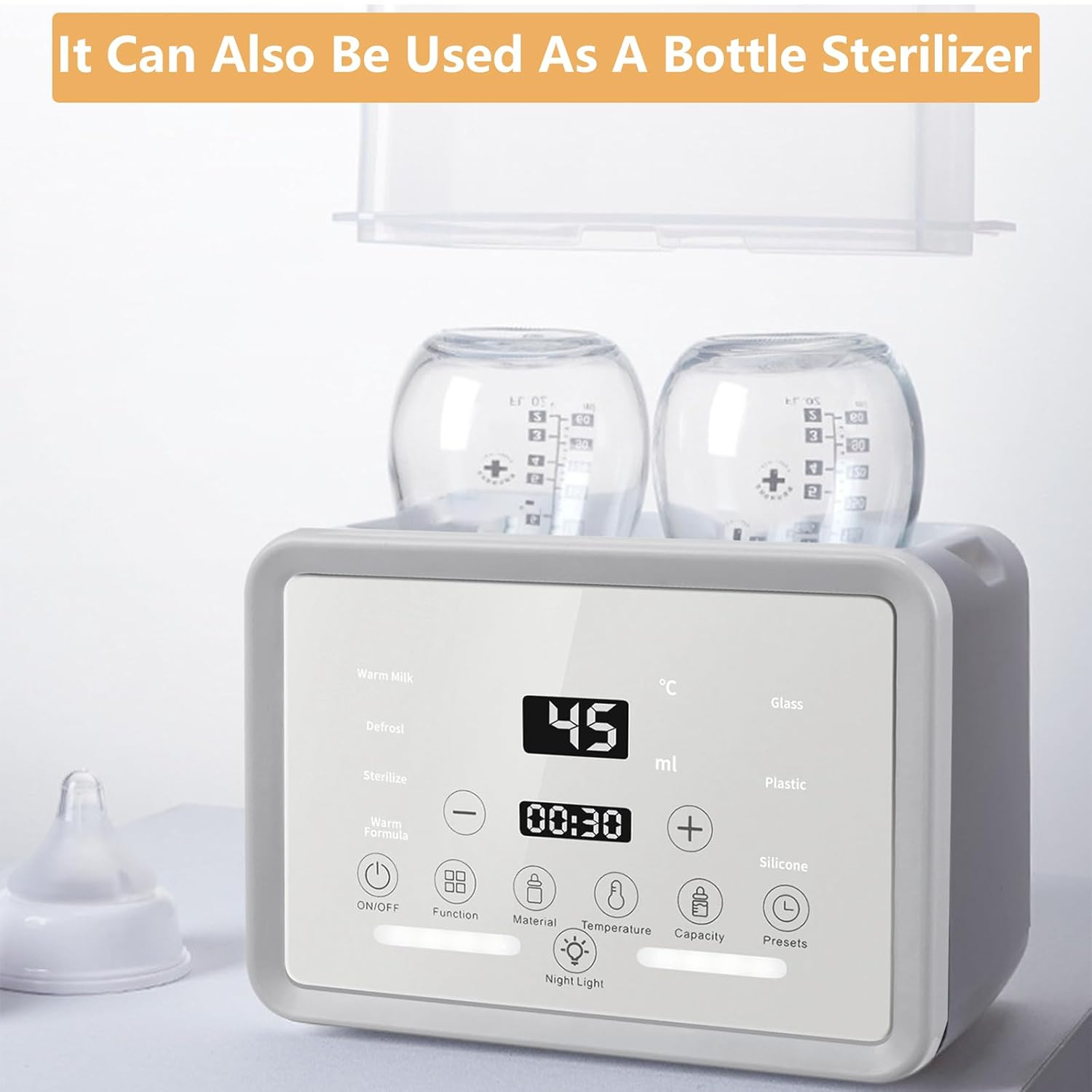 Ein Flaschensterilisator erwärmt Milch und formuliert mit digitaler Anzeige und Knöpfen.