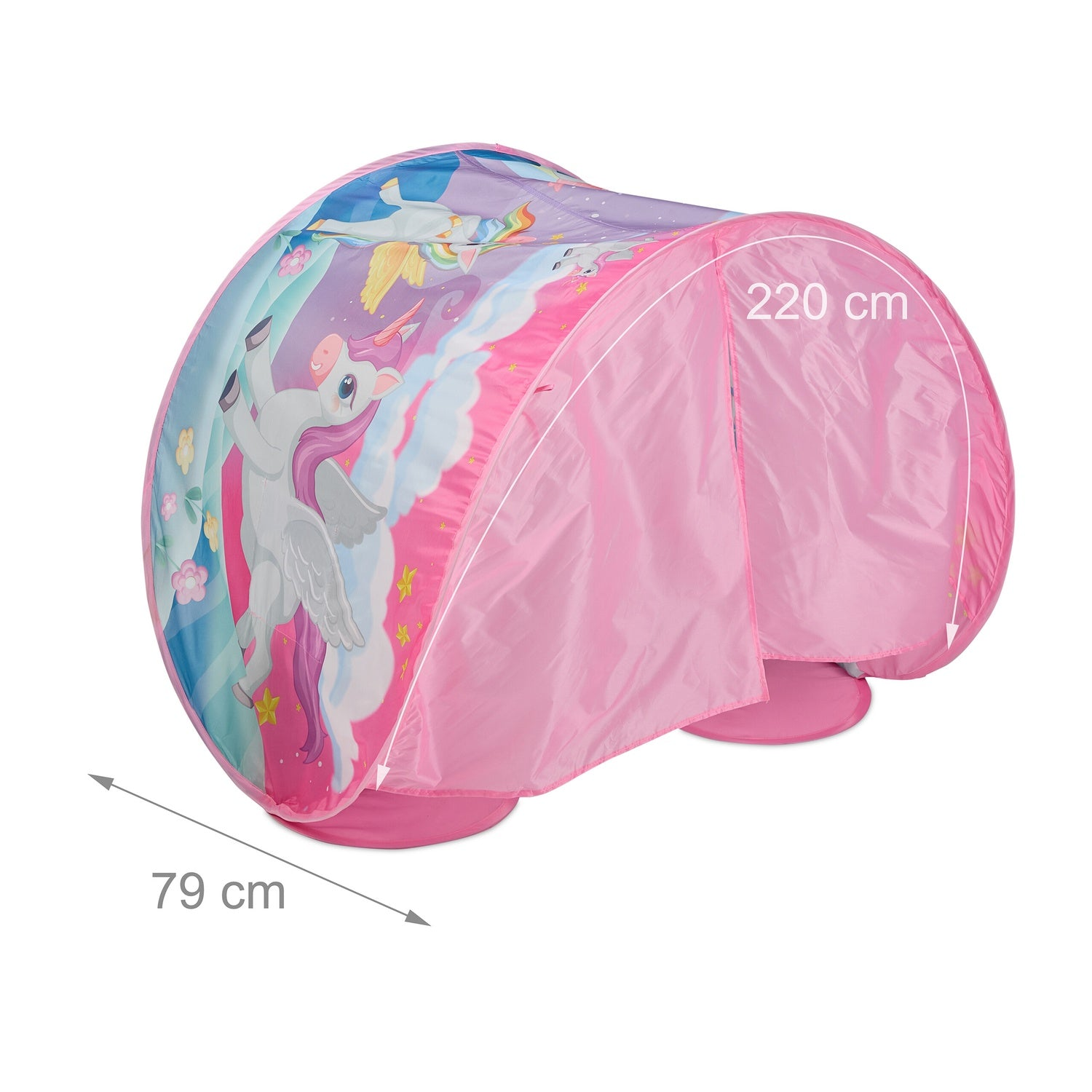 Una carpa de juegos rosa con gráficos de unicornio. Dimensiones: 79 cm x 220 cm.