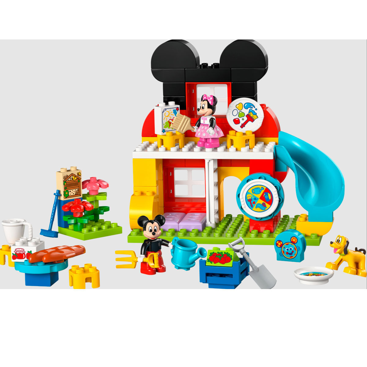 Domek Myszki Miki LEGO z figurkami, zjeżdżalnią i ogrodem.