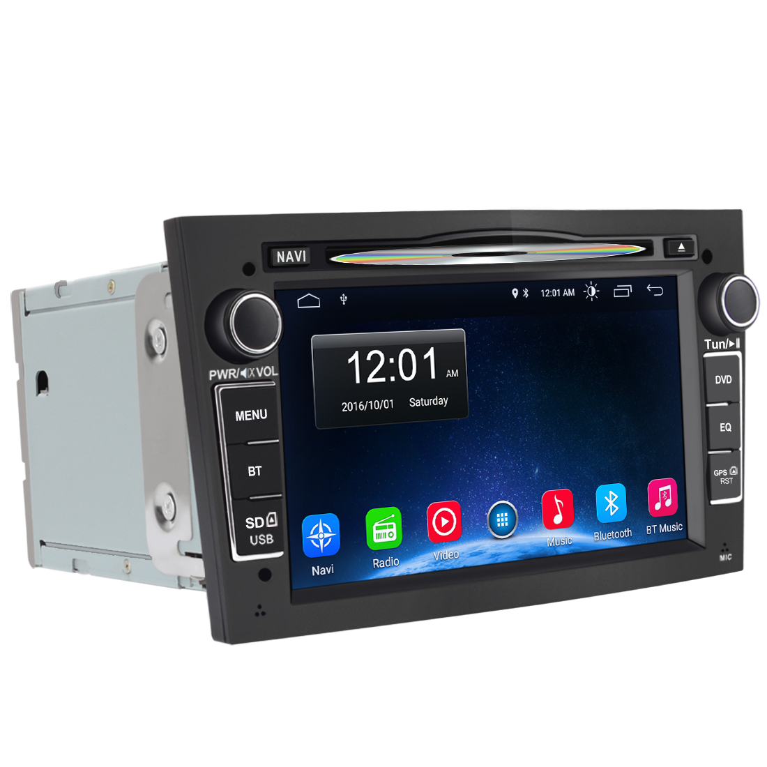Autoradio mit Touchscreen, zeigt Uhrzeit, Datum und App-Icons. CD-Schlitz über dem Bildschirm.