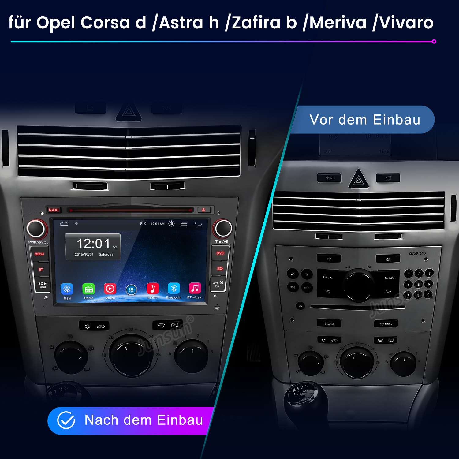 Vorher/Nachher Vergleich einer Auto-Stereoanlage für Opel Modelle.