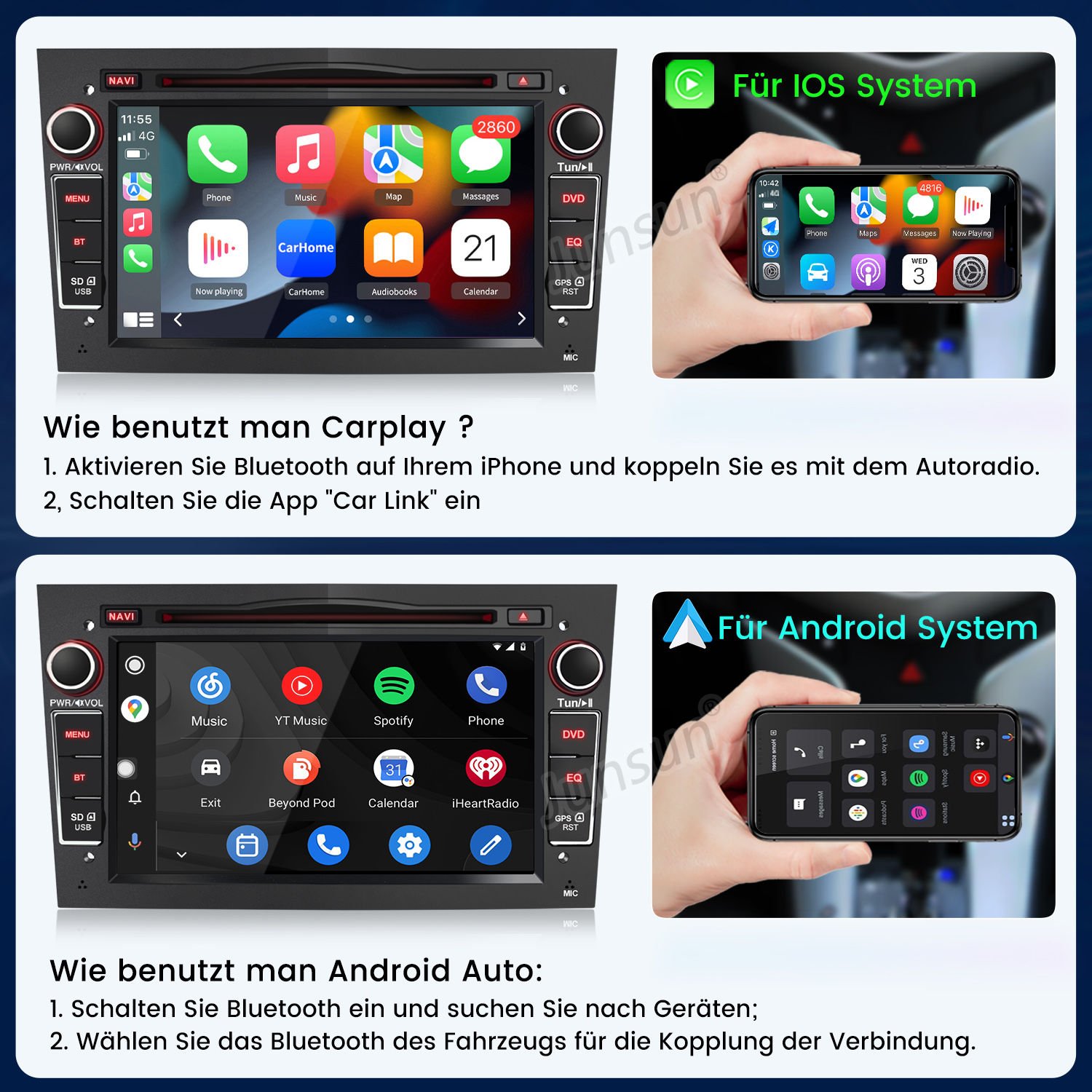 Bildschirm zeigt Carplay und Android Auto auf Autoradios und Smartphones.