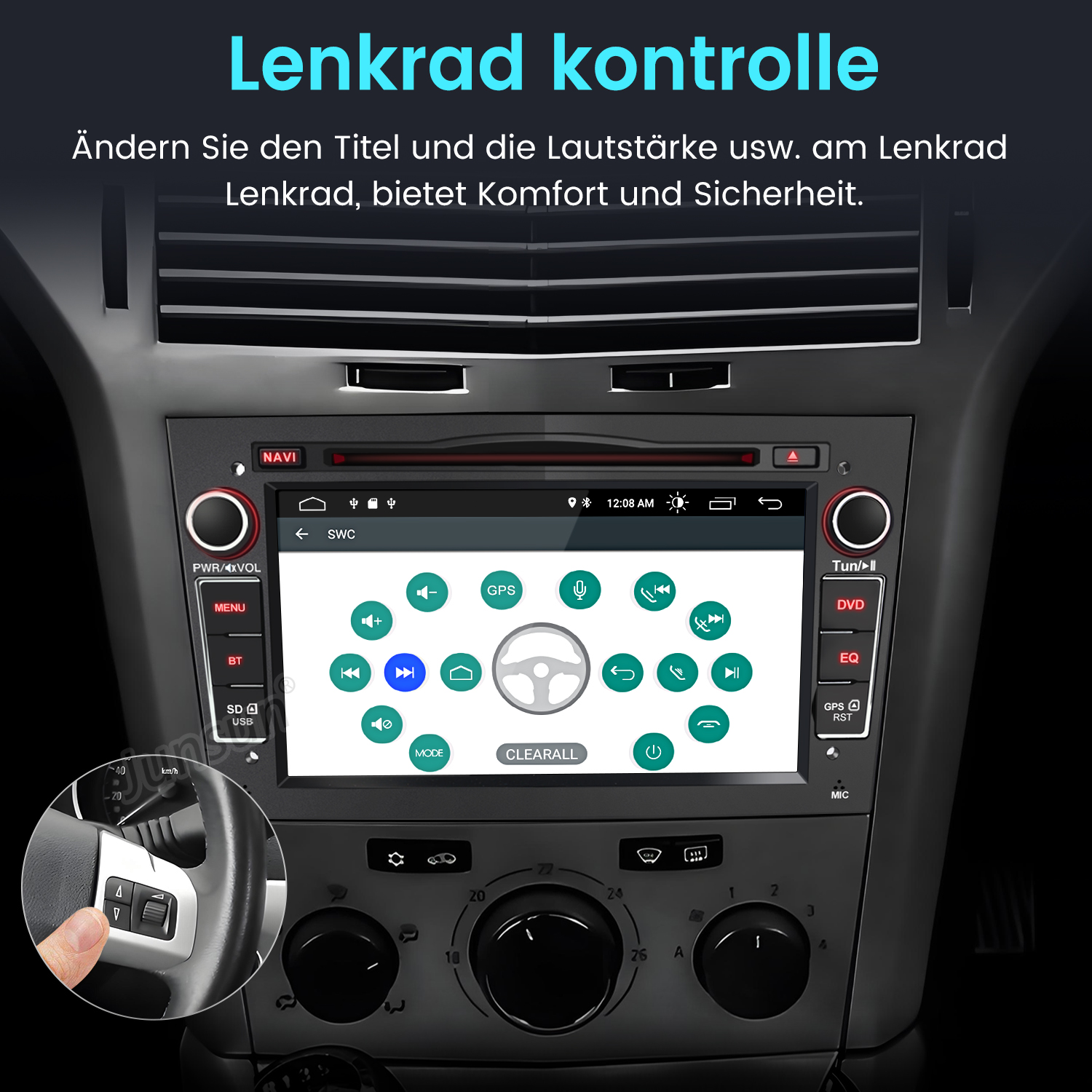 Ein Auto-Infotainmentsystem mit Touchscreen und Lenkradbedienung.