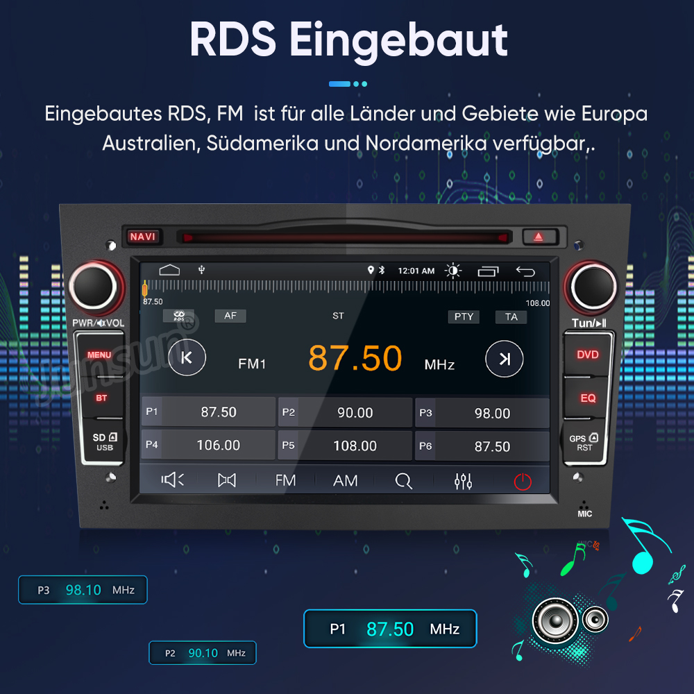 Autoradio mit RDS-FM-Funktion, zeigt Frequenz 87.50 MHz an.