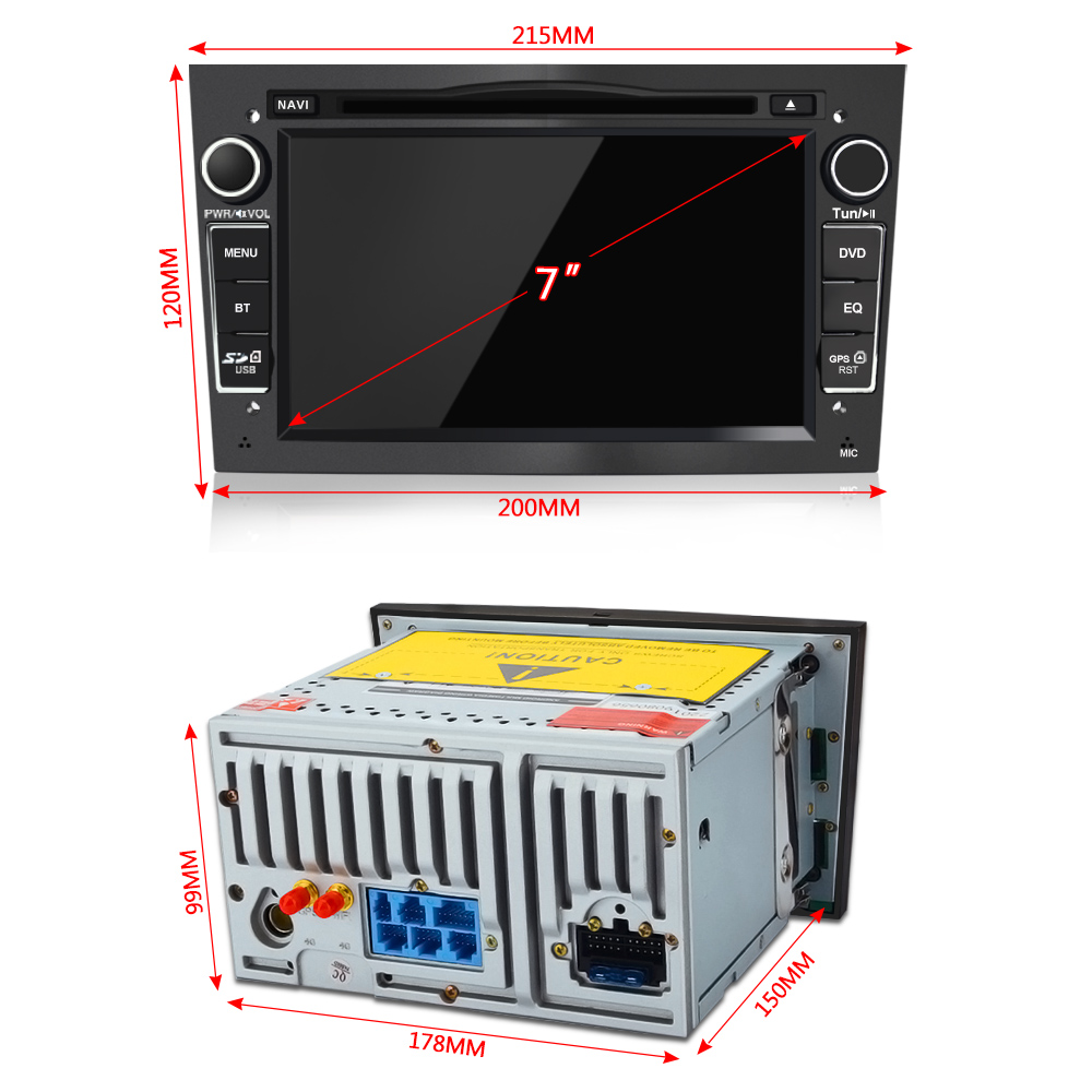 Front und Rückansicht eines 7-Zoll-Autoradios mit Maßen.