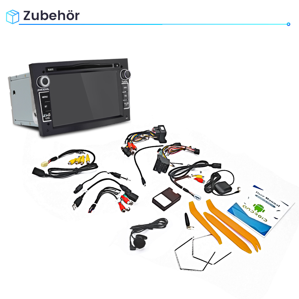 Ein Autoradio mit Zubehör, Kabeln und Anleitung auf weißem Hintergrund.