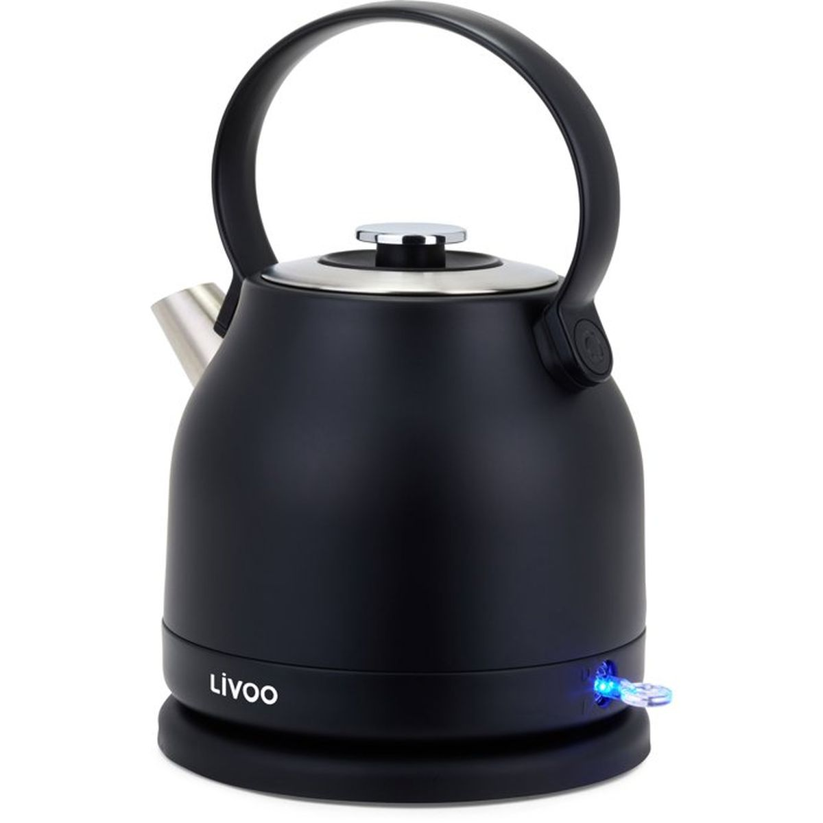Bollitore nero con coperchio e manico argentati, interruttore illuminato blu.