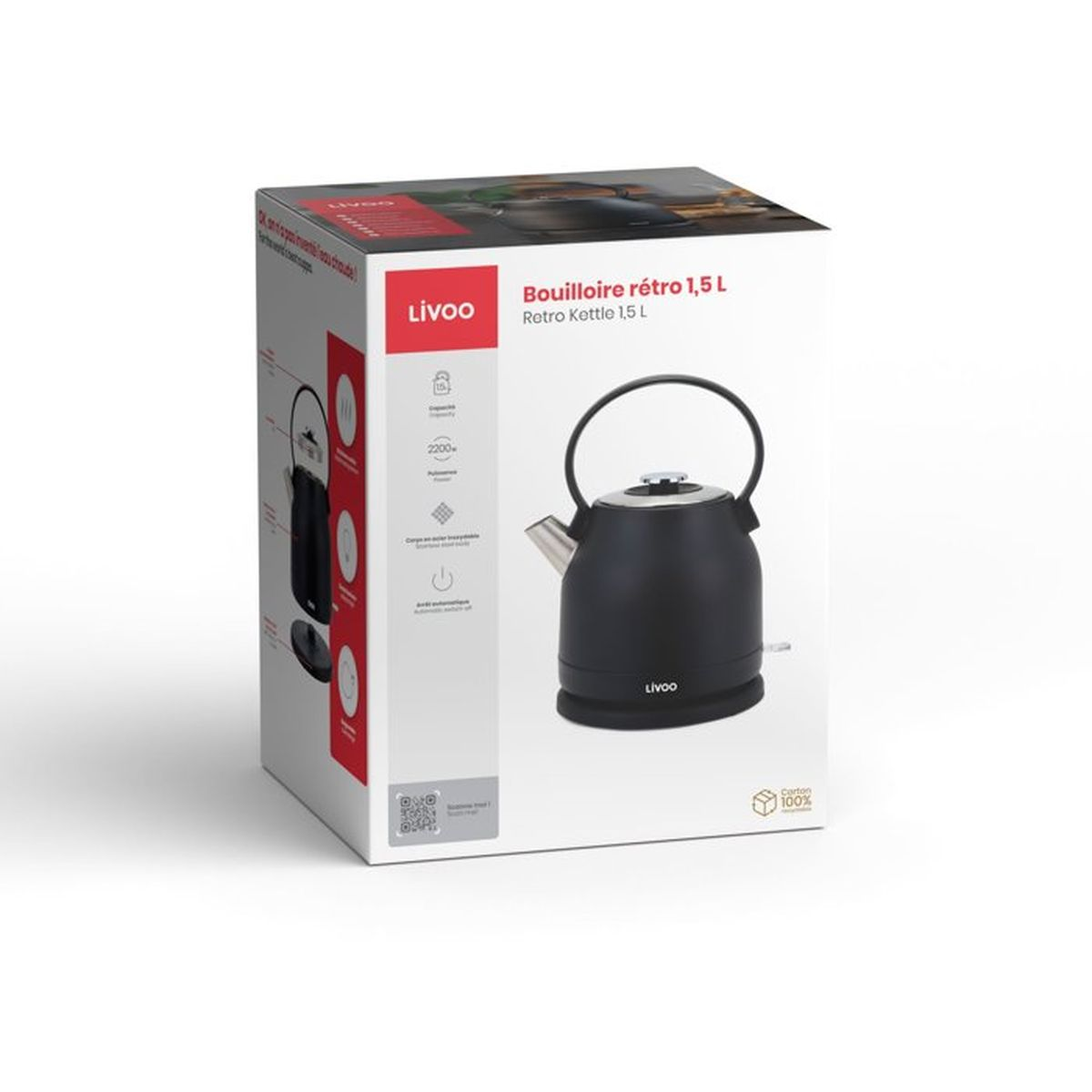 Bollitore nero dal design retrò sulla confezione del prodotto.