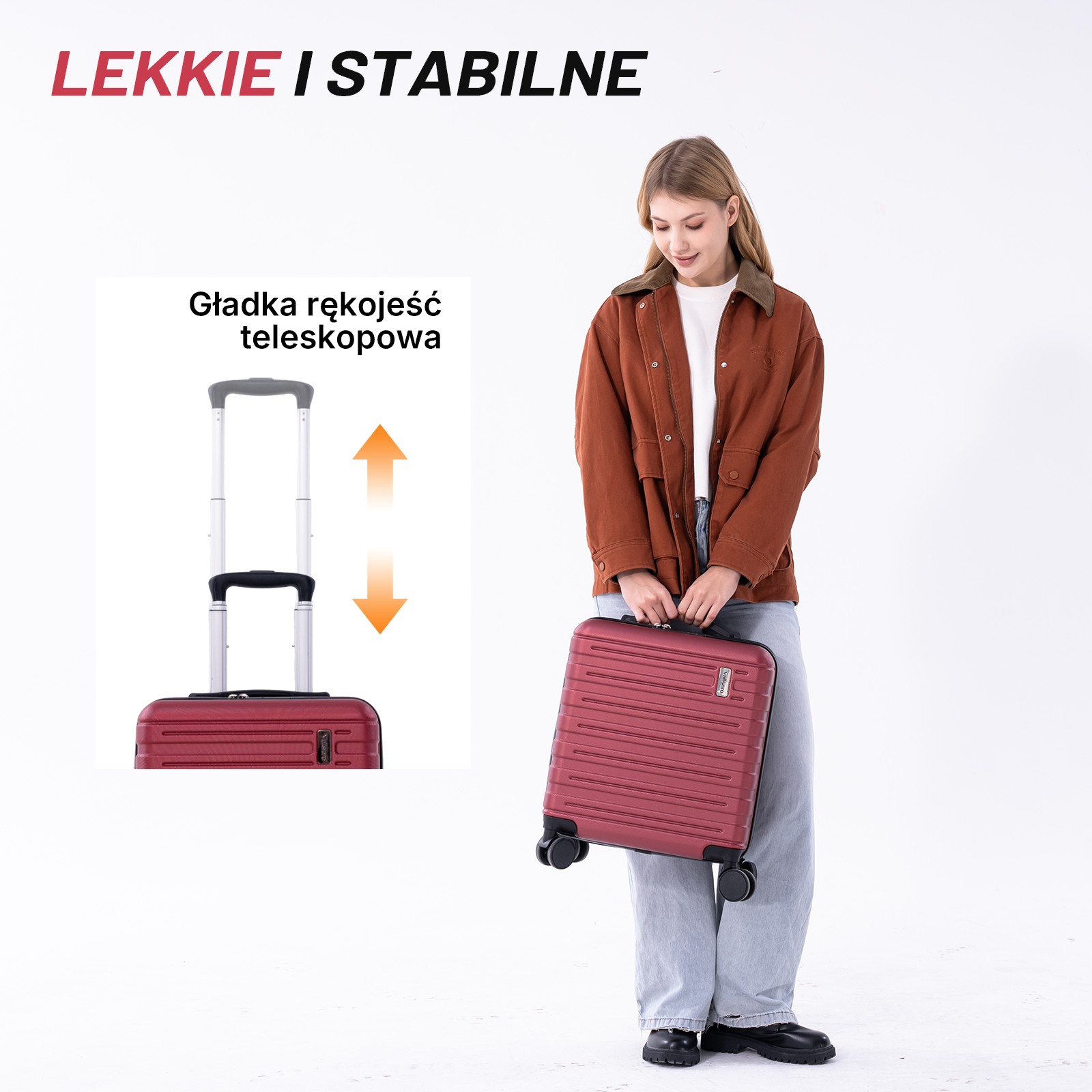 Kobieta trzyma czerwoną walizkę. Grafika pokazuje wysuwaną rączkę.