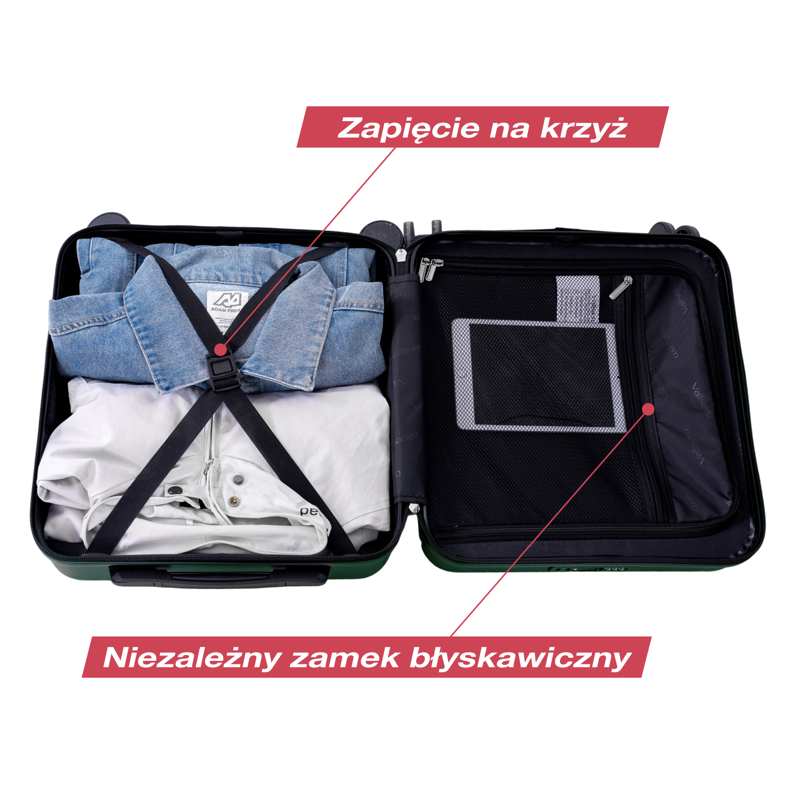 Otwarta walizka z ubraniami i tabletem w siatkowej kieszonce.