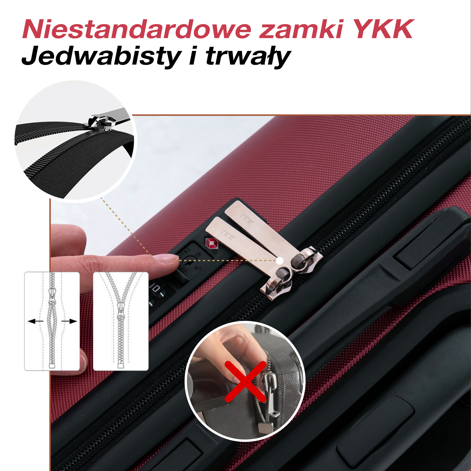 Zbliżenie czerwonej walizki z zamkiem TSA i zamkami YKK.