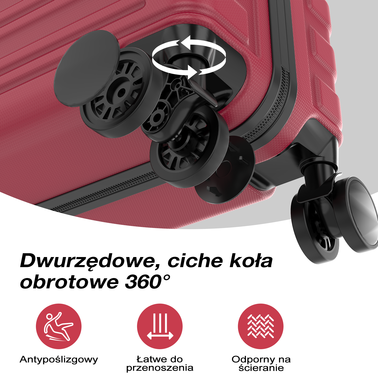 Czerwona walizka z obrotowymi kołami 360° i ikonami antypoślizgowymi, łatwa do przenoszenia.