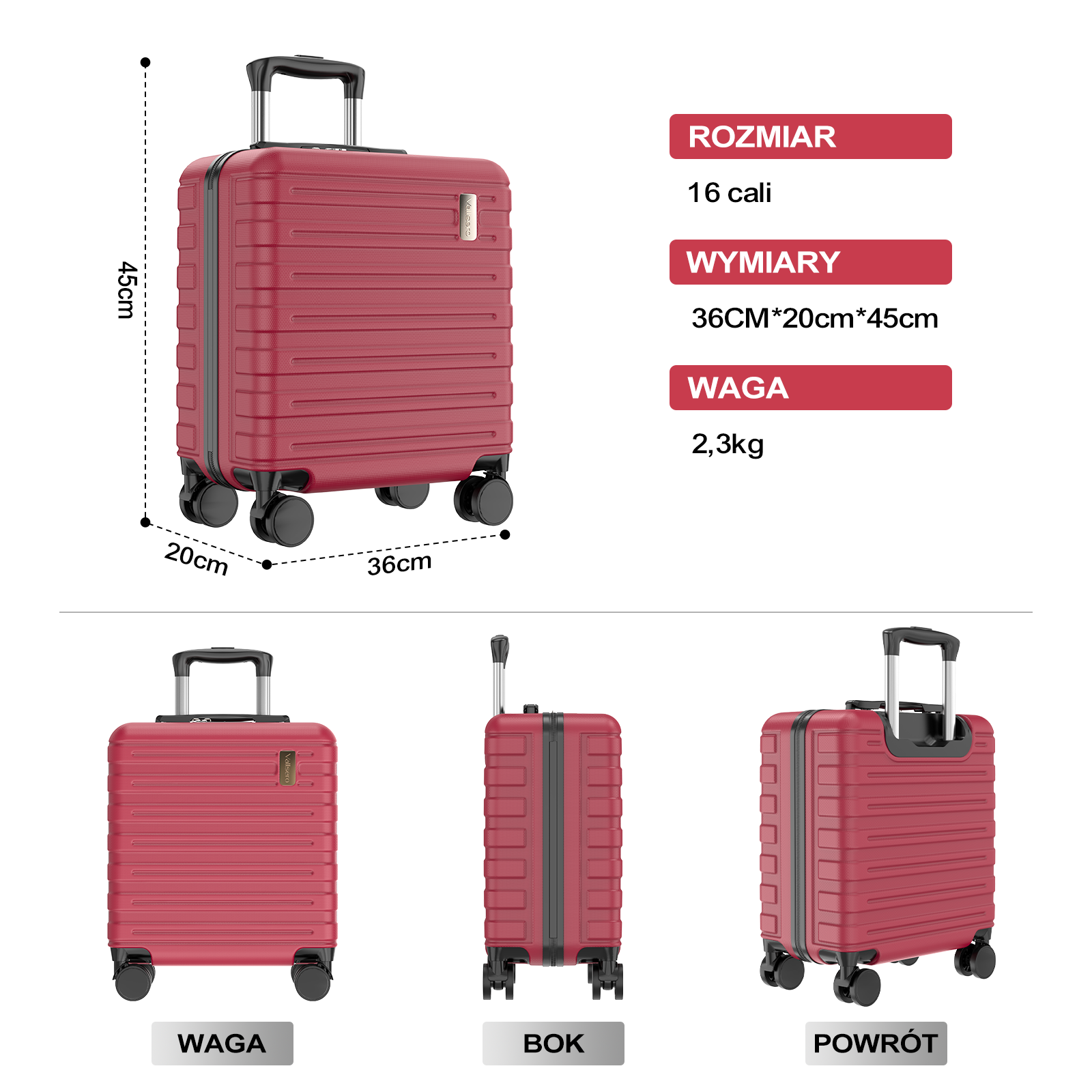 Czerwona walizka na czterech kołach, wysuwana rączka, wymiary 36x20x45cm, 2,3kg.