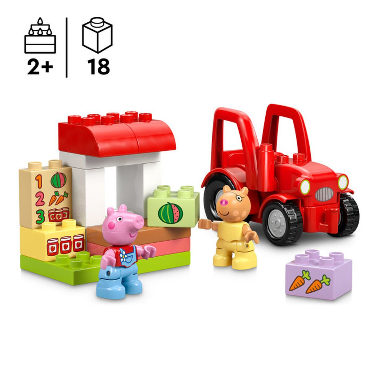 Świnka Peppa i traktor Lego Duplo. Przed sklepem z owocami.