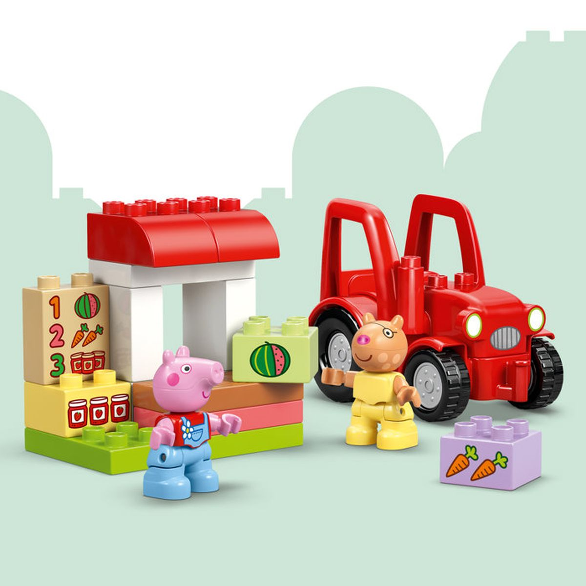 Zestaw farmy z Peppa Pig, kotem i czerwonym traktorem.