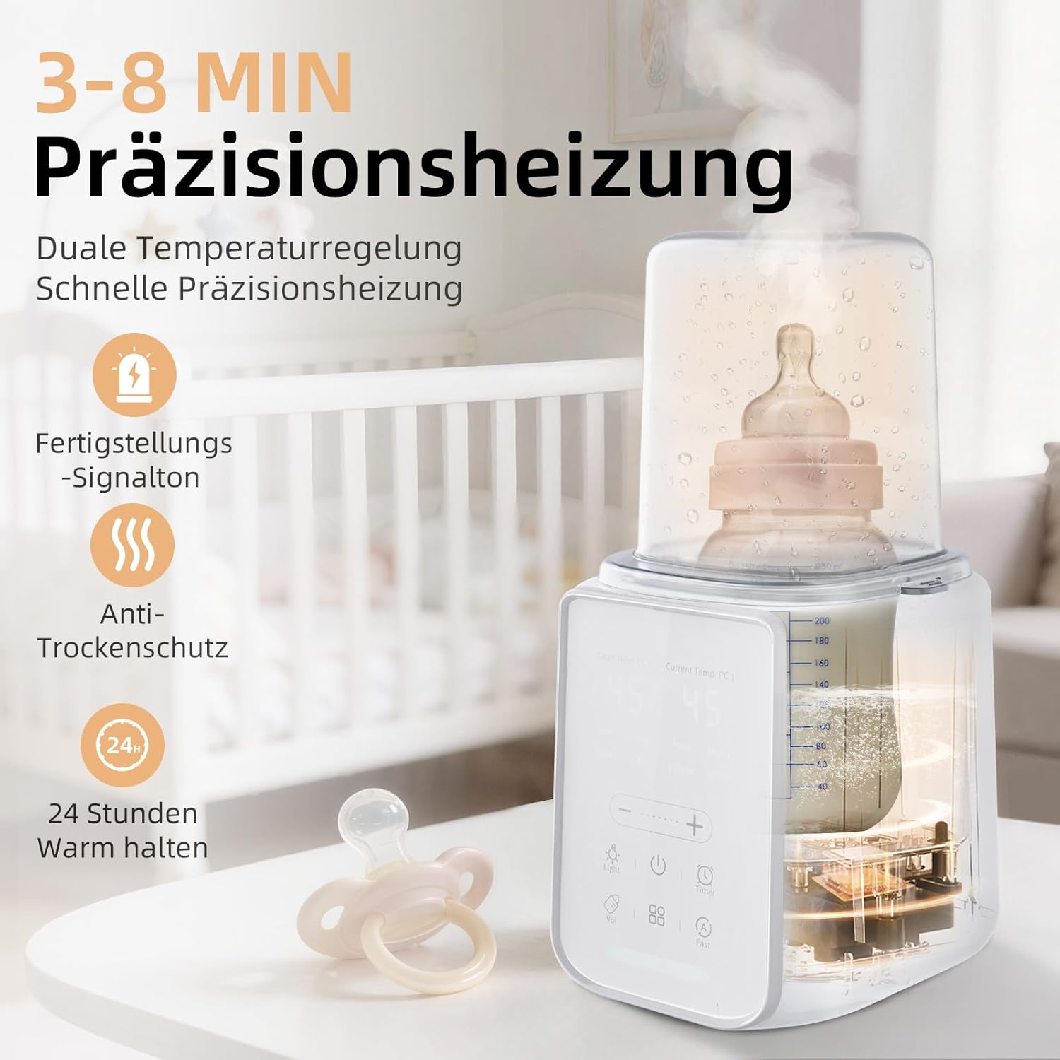 Ein Babyflaschenwärmer mit Babyflasche und Schnuller daneben, dampfend.