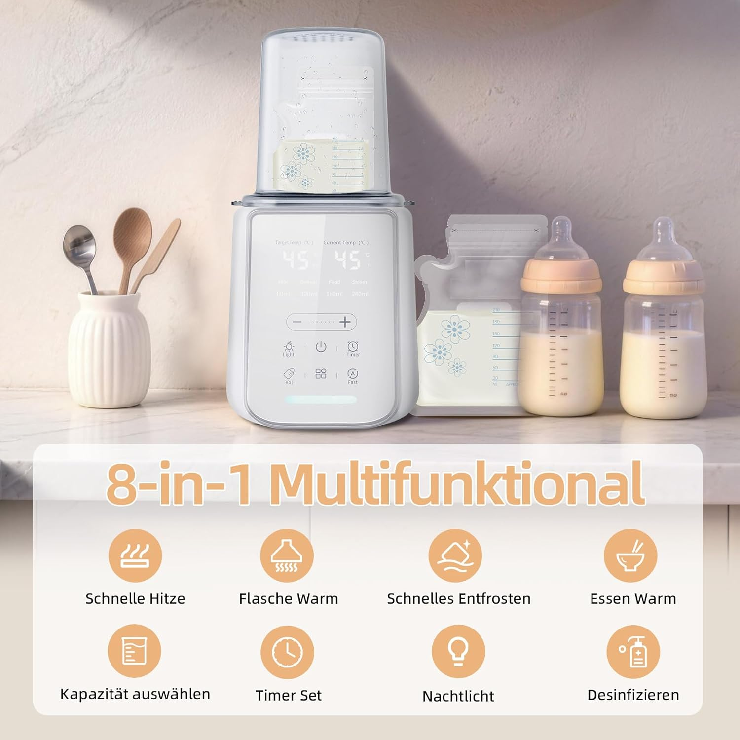 Ein 8-in-1 Babyflaschenwärmer mit digitaler Anzeige und Zubehör.