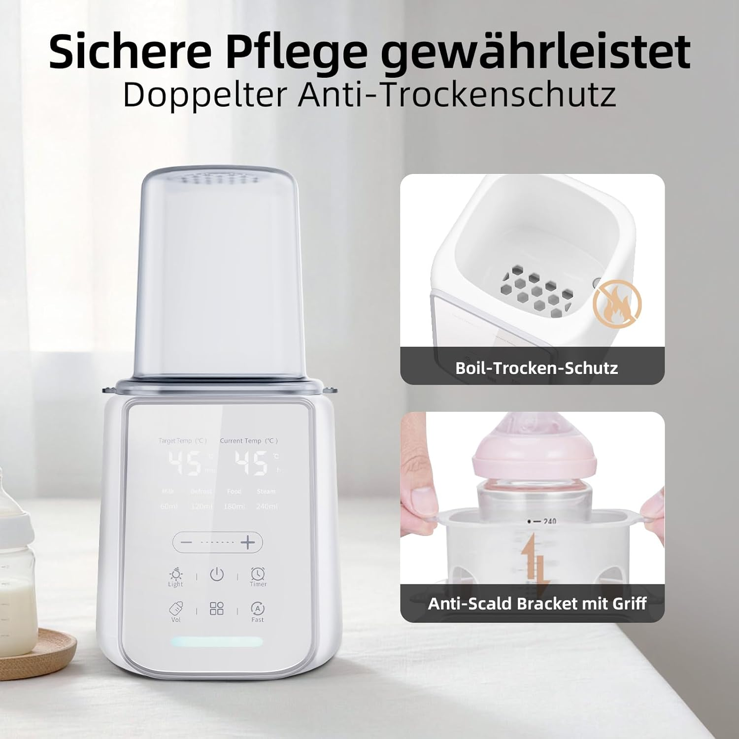 Ein weißer Flaschenwärmer mit digitaler Anzeige, der Milch, Nahrung und Dampf erwärmt.