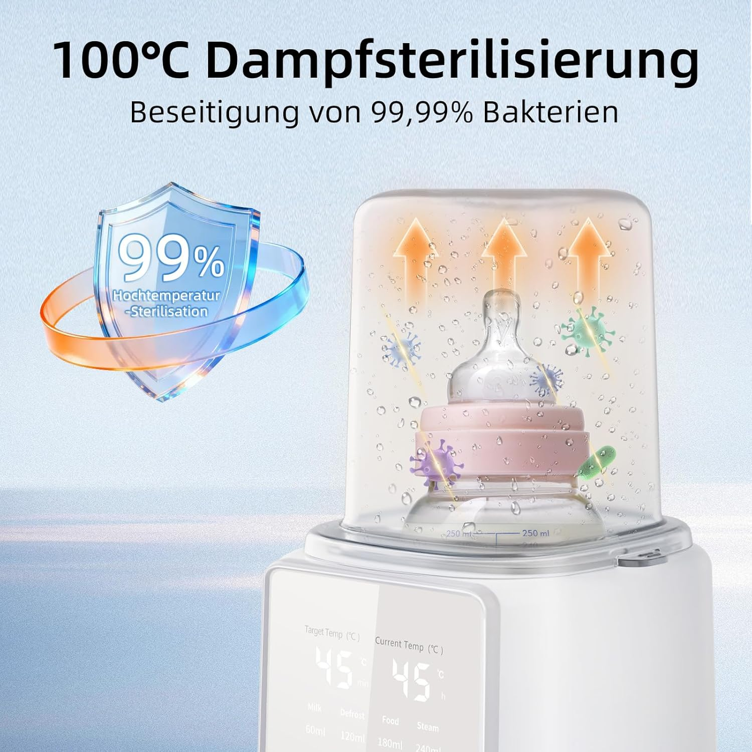 Ein Dampfsterilisator mit Babyflasche, der 99% der Bakterien abtötet.
