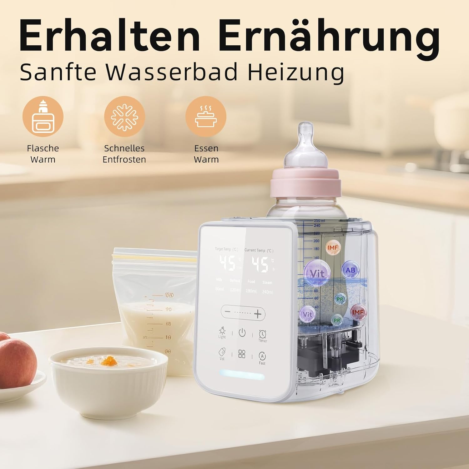 Ein Babyflaschenwärmer mit digitaler Anzeige erwärmt eine Flasche, daneben Schale mit Brei und Pfirsiche.