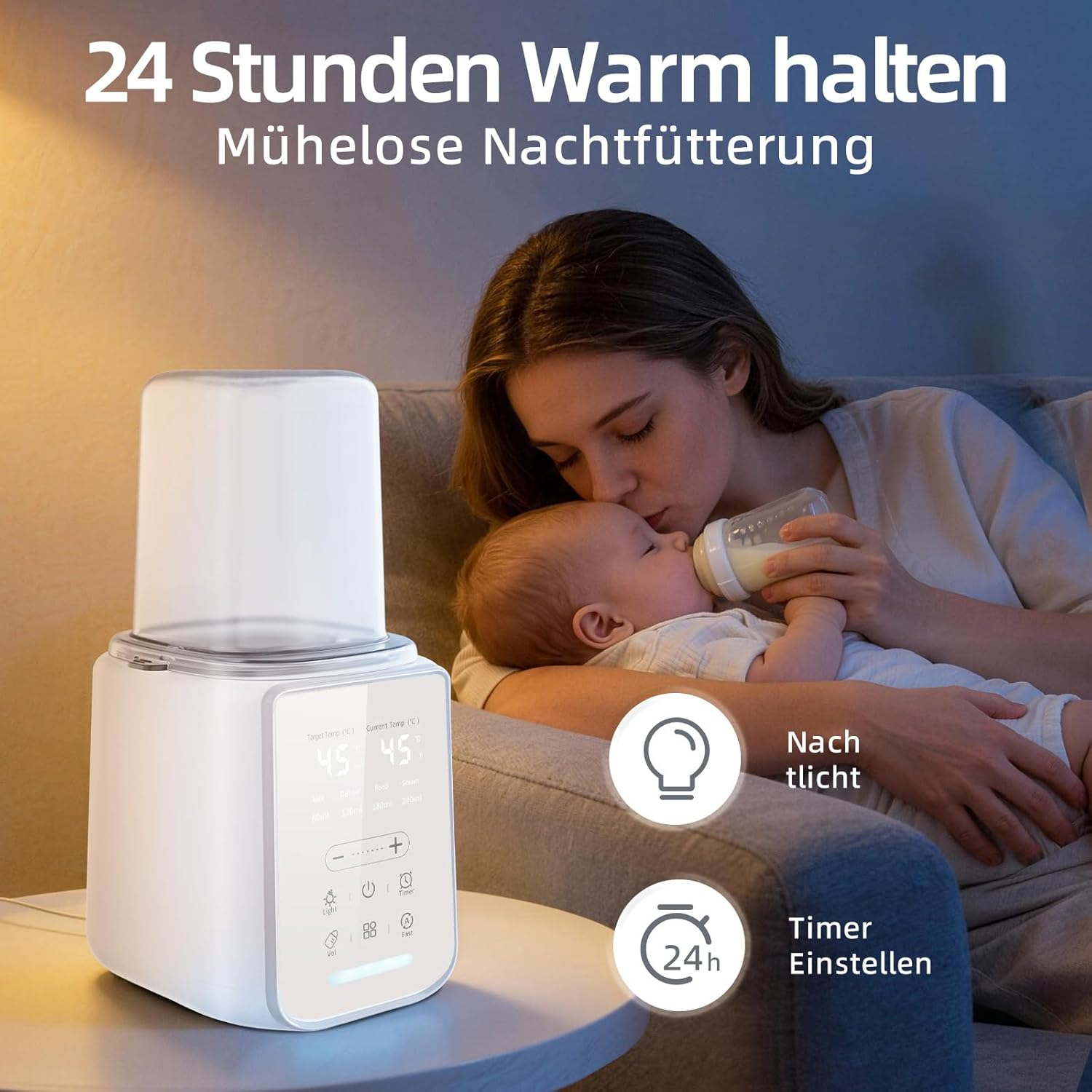 Eine Mutter füttert ihr Baby mit einer Flasche, während ein Flaschenwärmer daneben steht.