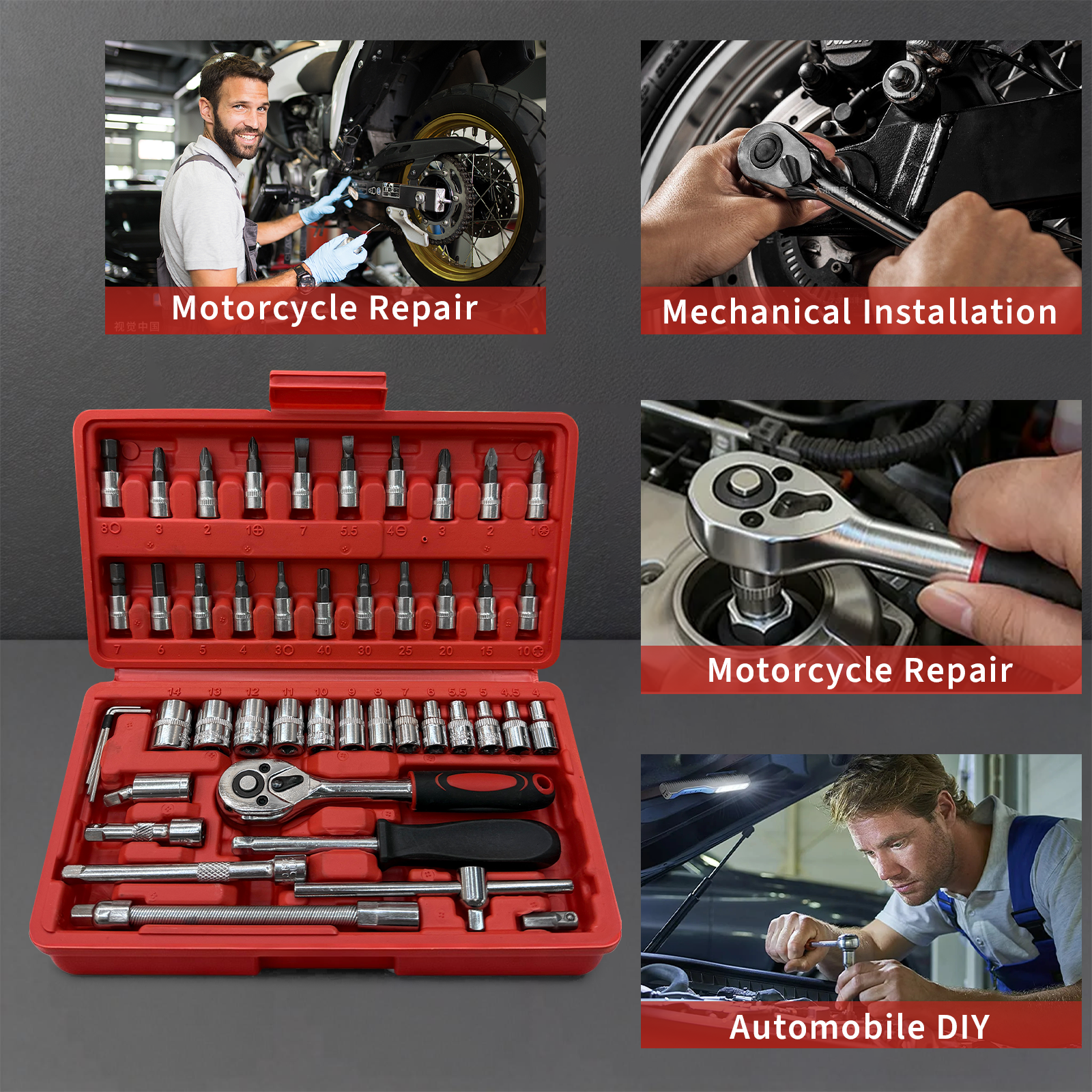 Werkzeugkasten mit Motorrad- und Autoreparatur-Bildern.
