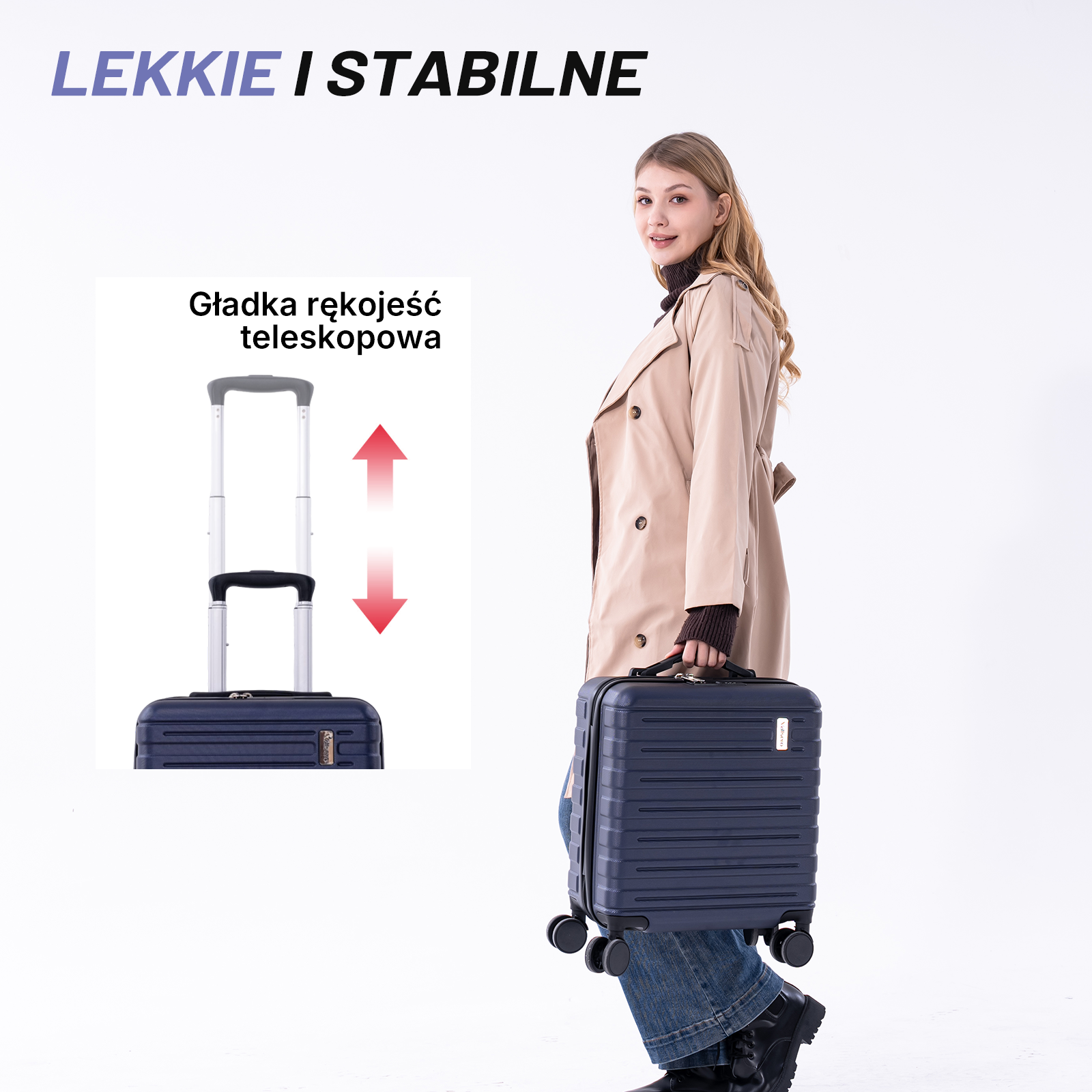 Kobieta z granatową walizką i wysuwanym uchwytem. Napis: 'LEKKIE I STABILNE'.