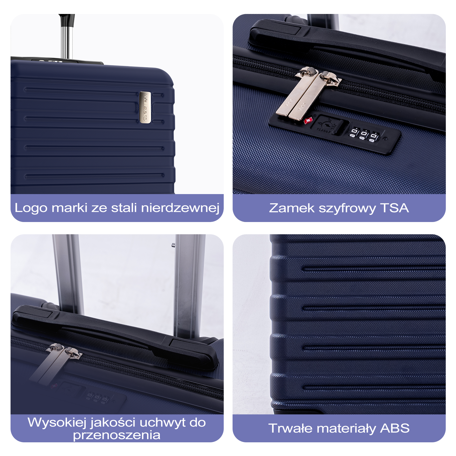 Granatowe detale walizki: logo, zamek TSA, uchwyt i materiał ABS.
