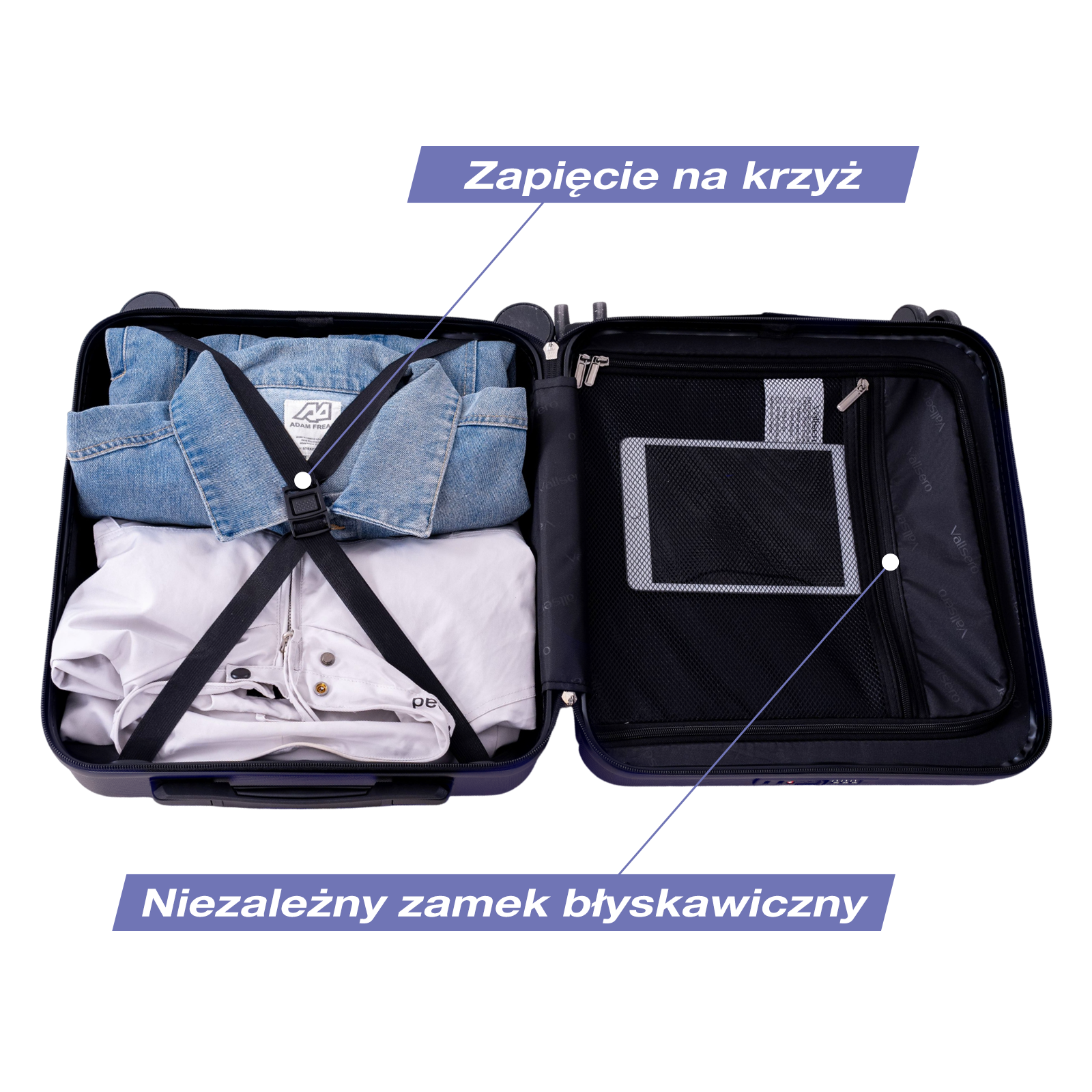 Otwarta niebieska walizka z ubraniami i tabletem. Pasy zabezpieczają ubrania.