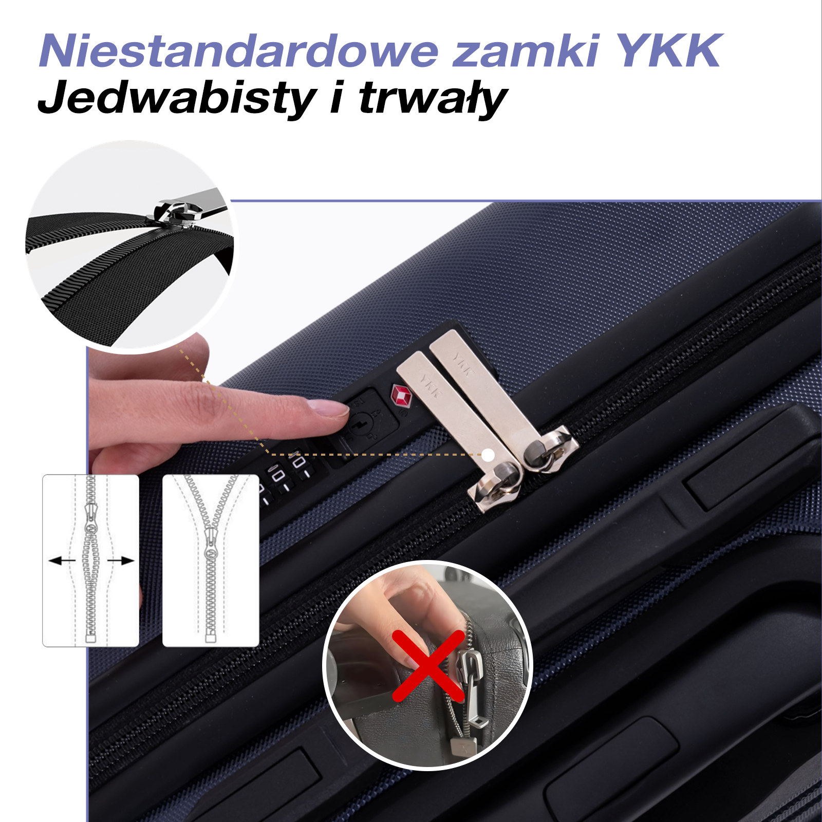 Zbliżenie niebieskiej walizki z zamkiem YKK i szyfrem.