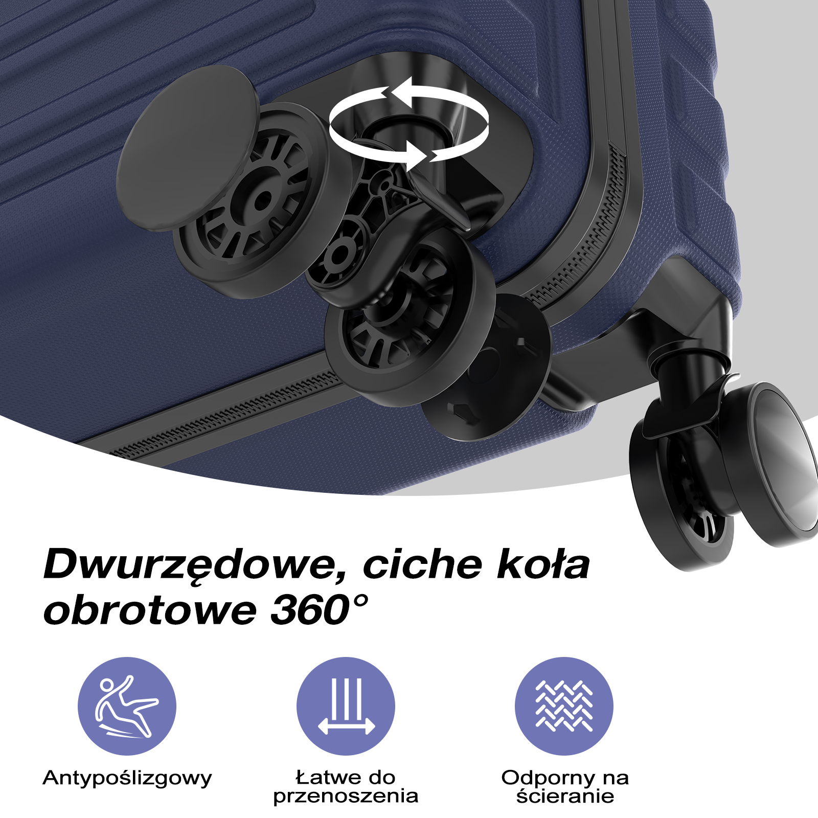 Zbliżenie na obrotowe koła 360° niebieskiej walizki.