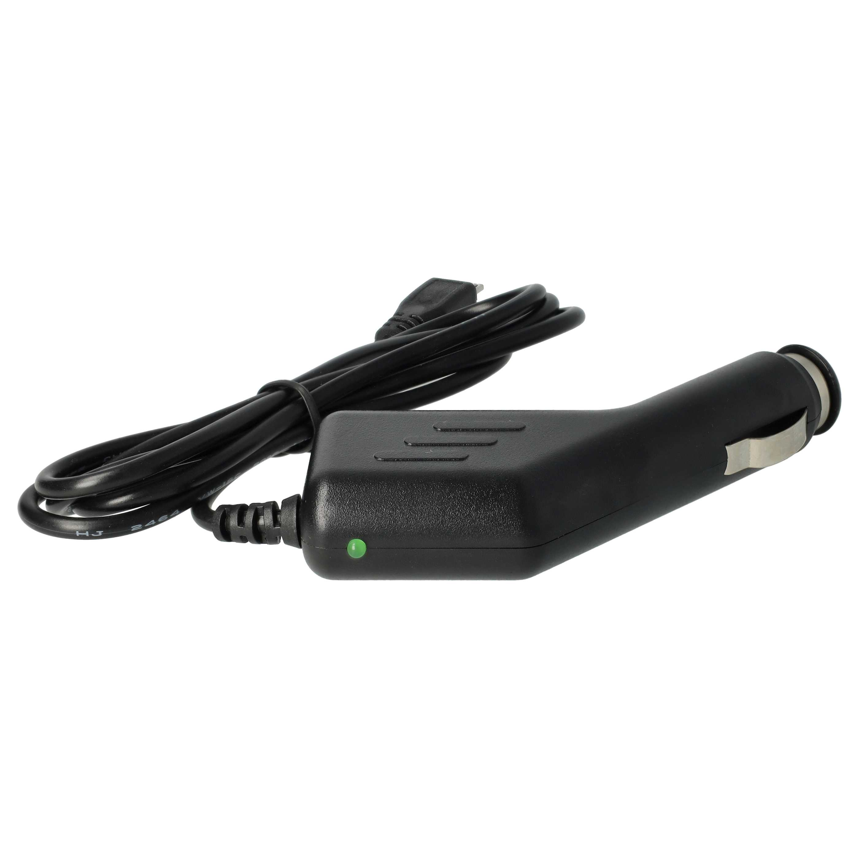 Schwarzer Kfz-Ladeadapter mit USB-Kabel und grüner LED.