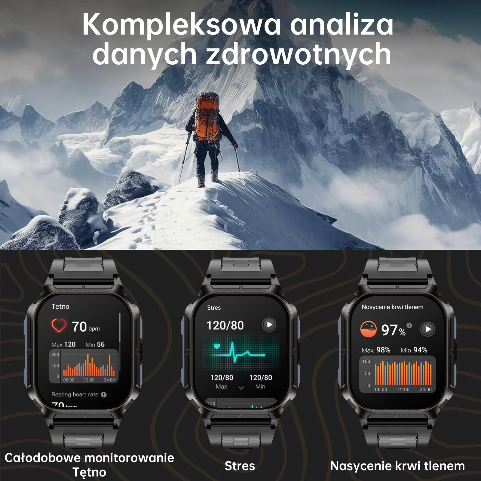 Alpinista na ośnieżonym szczycie, obok wyświetlacze smartwatcha.