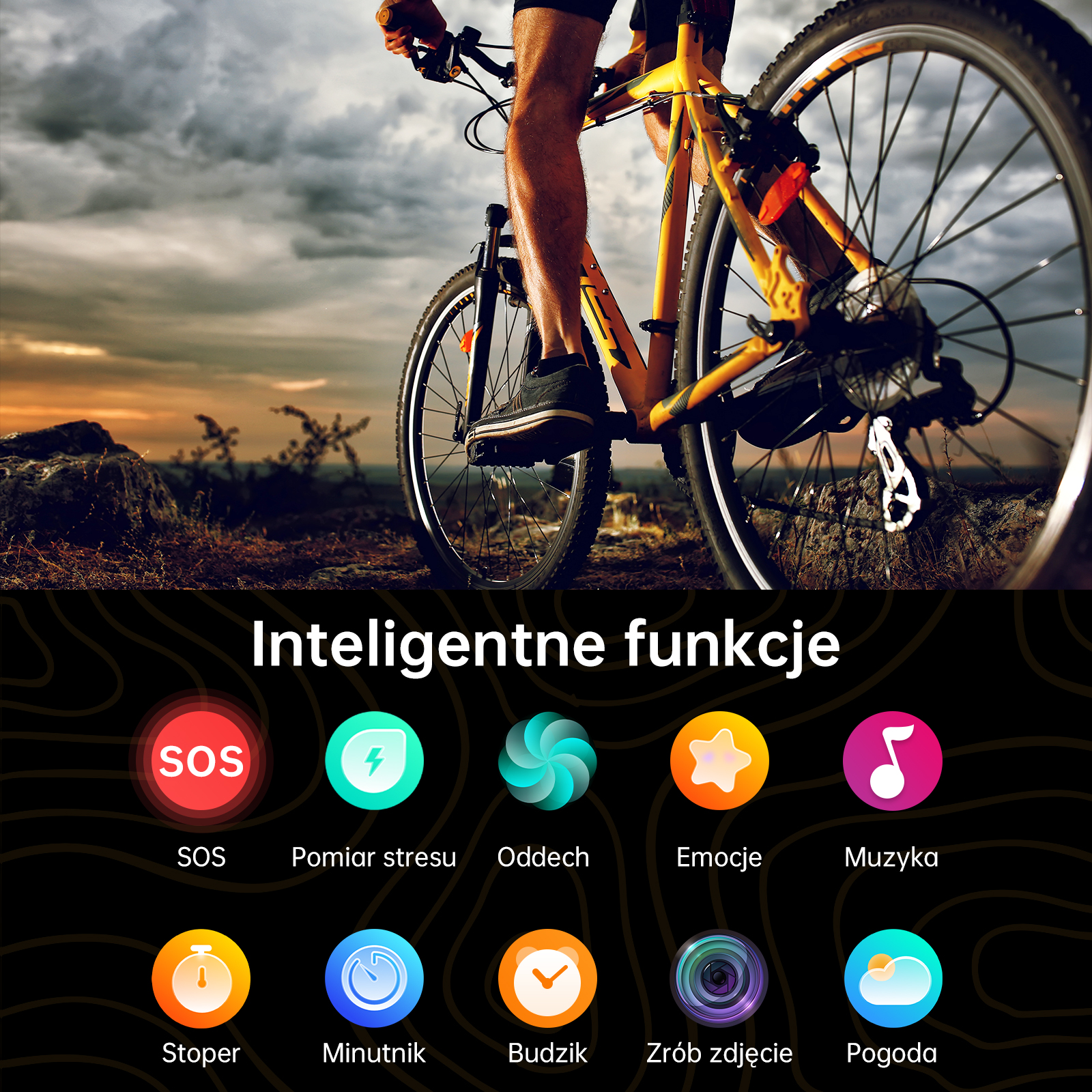 Kolarz na zewnątrz z ikonami SOS, pomiar stresu, oddech, emocje, muzyka.