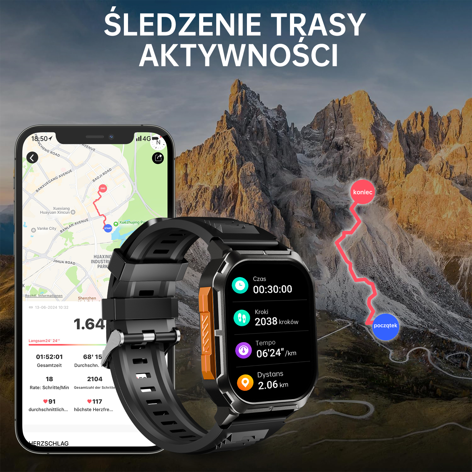 Smartwatch wyświetla dane aktywności, obok telefonu z mapą. Góry w tle.