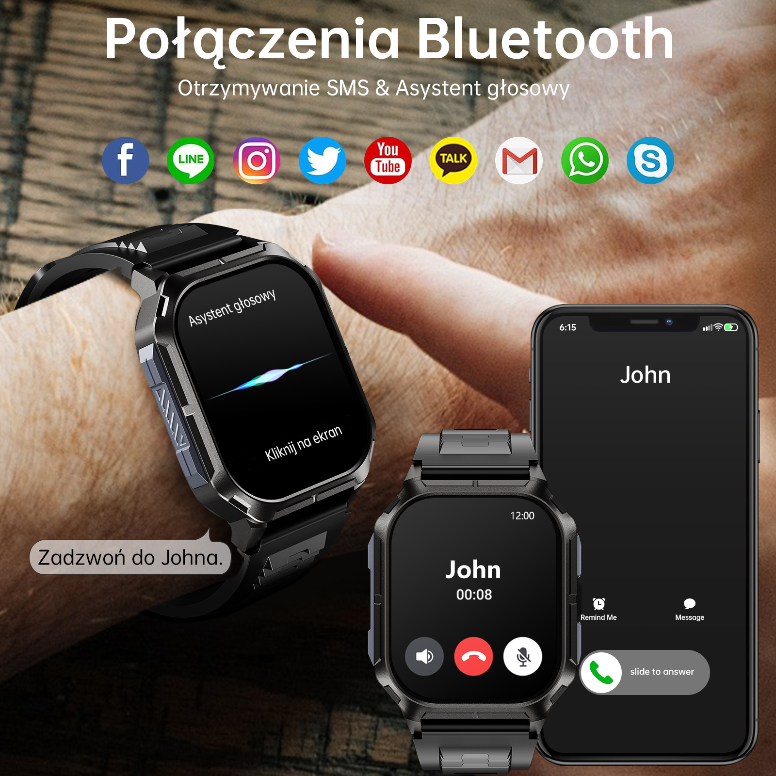 Smartwatch i telefon pokazują połączenie od Johna. Ikony aplikacji, w tym Facebook.