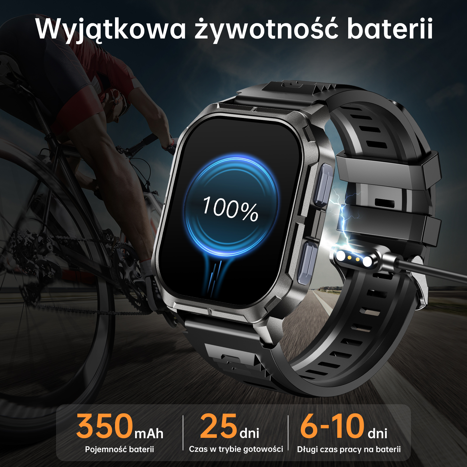 Zegarek smartwatch ładuje się, pokazuje 100% baterii, z rowerzystą w tle.