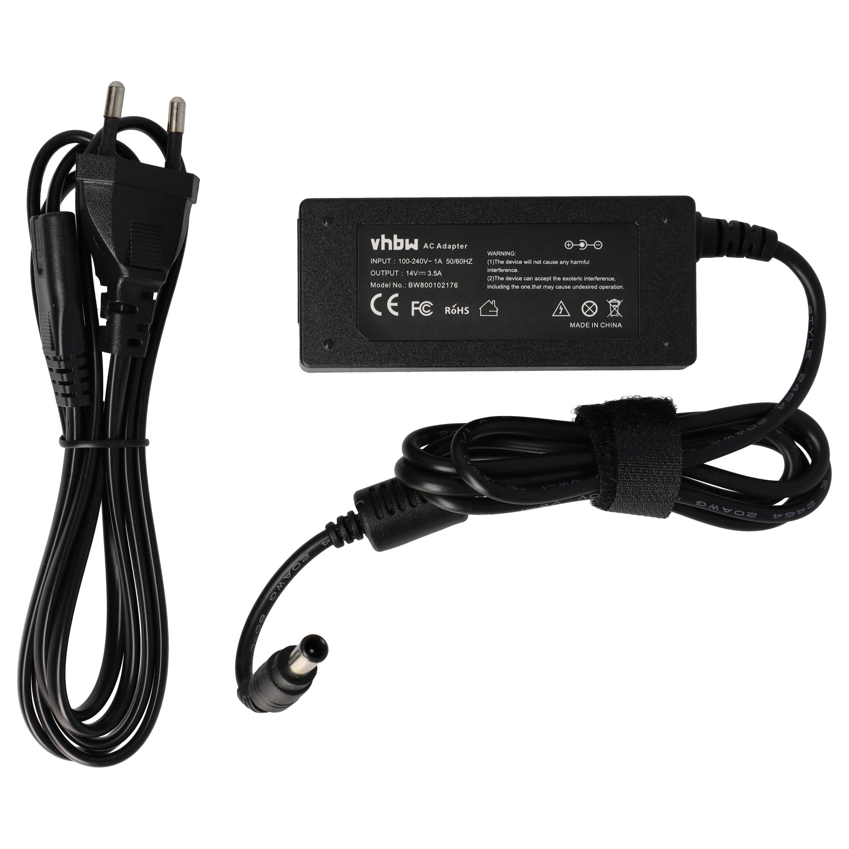 Schwarzes Netzteil mit Kabeln und EU-Stecker.