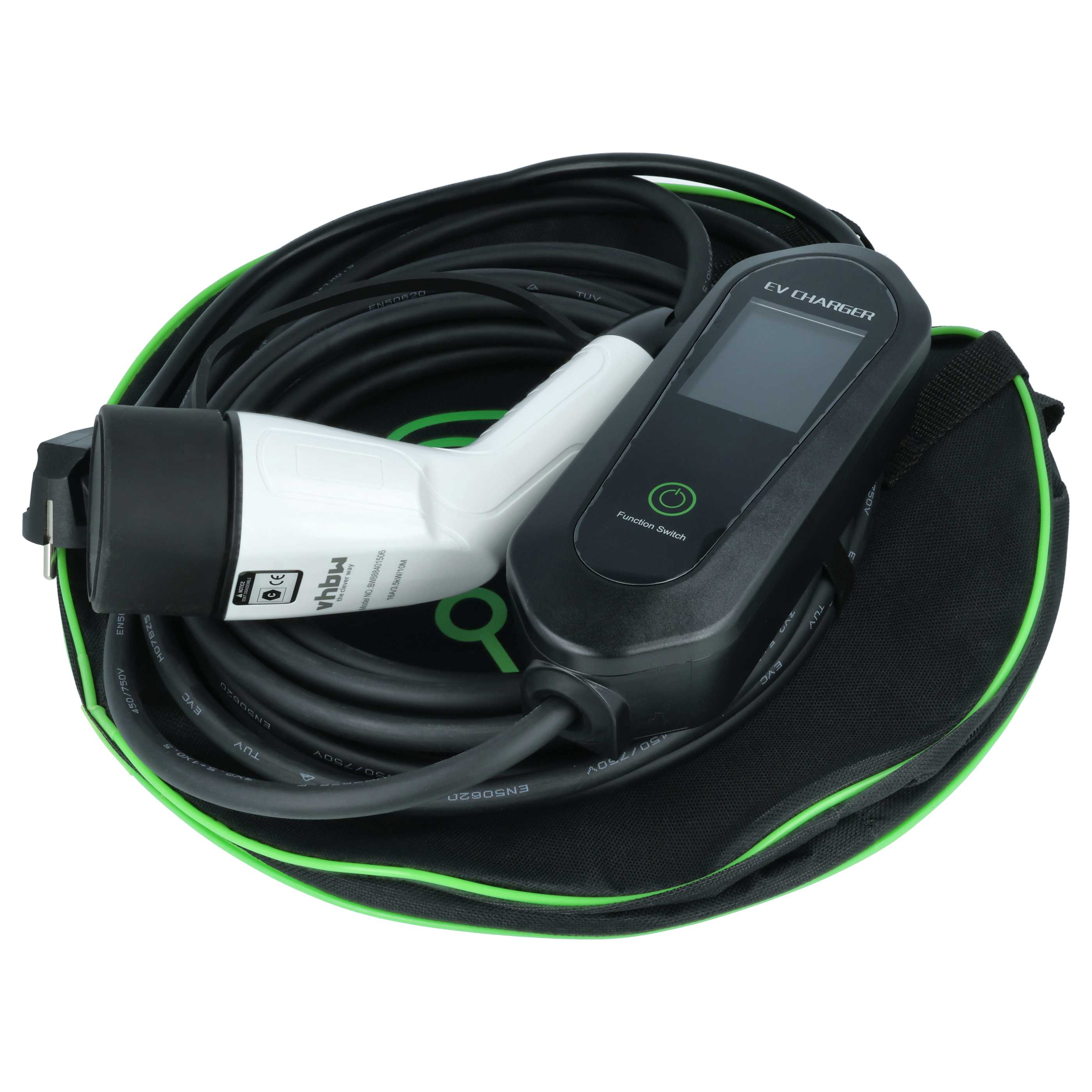 Ein weißer EV-Ladeanschluss mit schwarzem Kabel und Stoffbeutel.