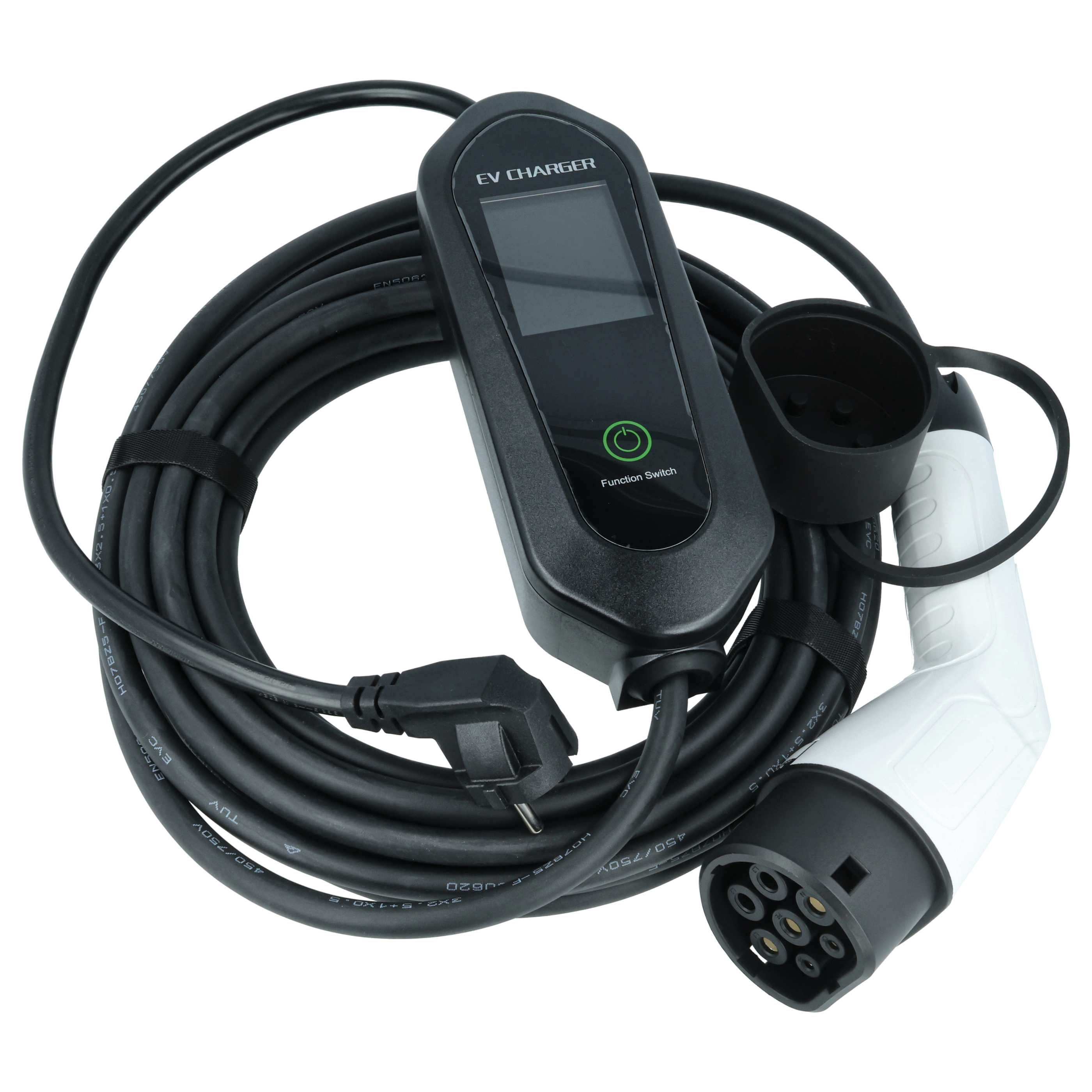 Ein schwarzes EV-Ladegerät mit weißem Stecker und Kabel, auf weißem Hintergrund.