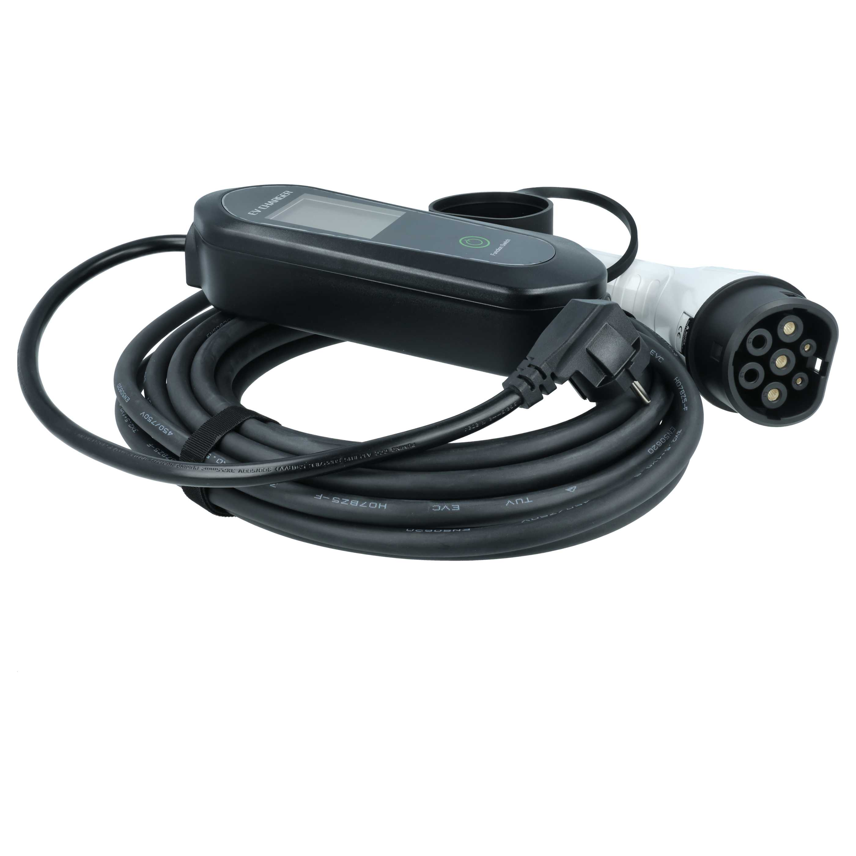 Schwarzes Ladekabel mit Stecker und digitaler Anzeige für Elektroautos.