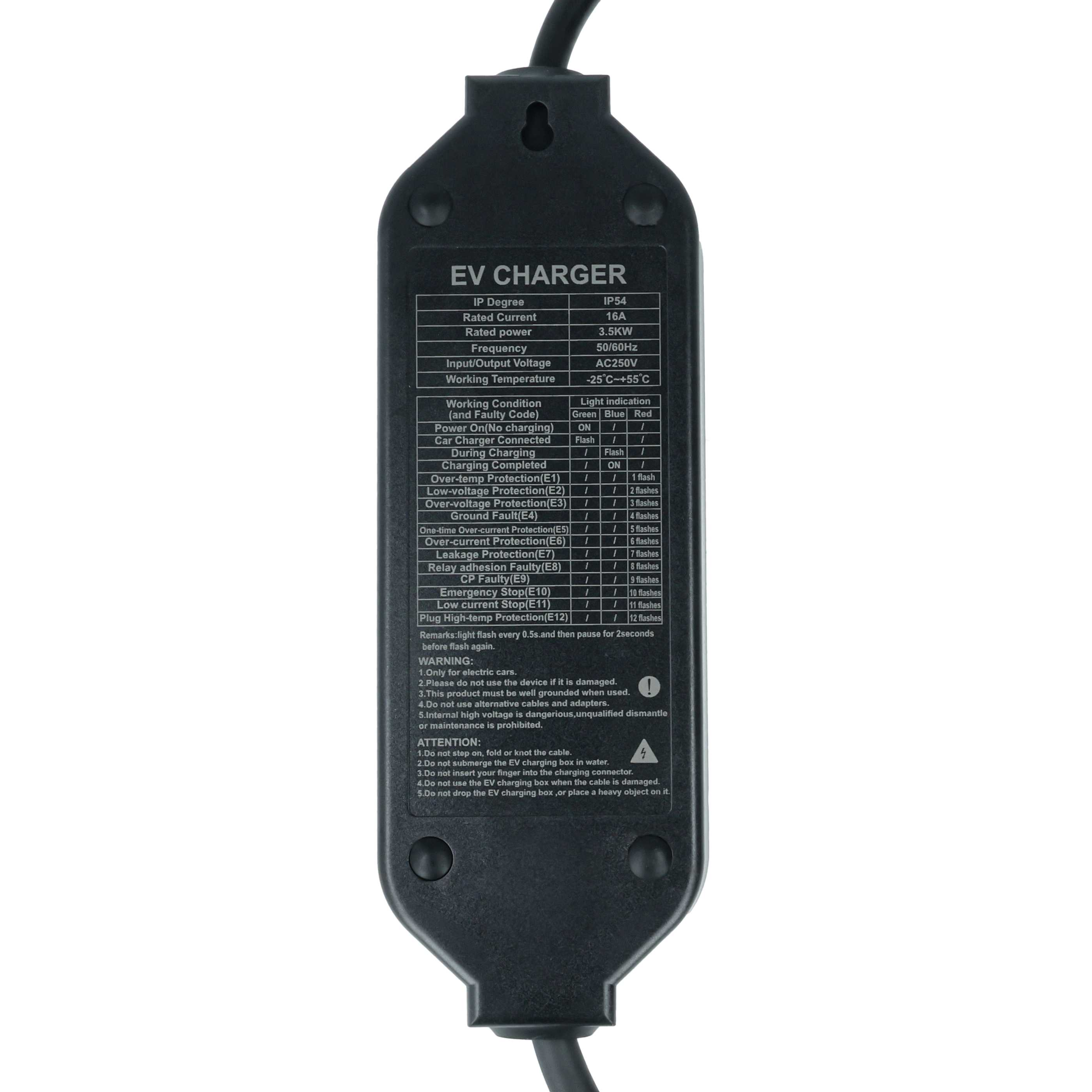 Schwarzer EV-Ladegerät mit technischen Daten und Warnhinweisen.
