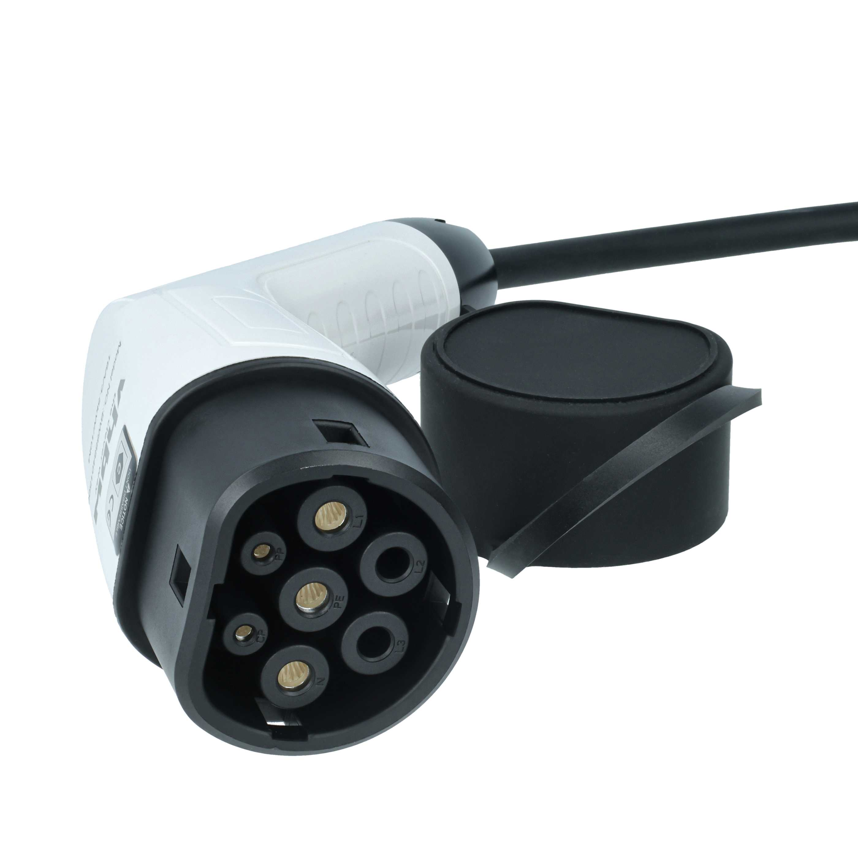 Ein weißer und schwarzer Elektroauto-Ladeadapter mit Kabel und Schutzkappe.