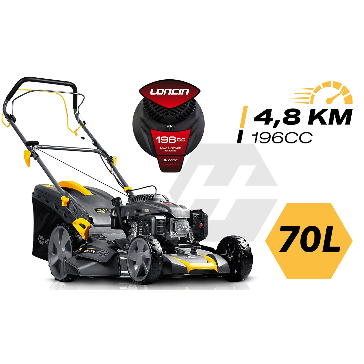 Czarno-żółta kosiarka z silnikiem 196cc, 4,8 km/h i koszem 70L.
