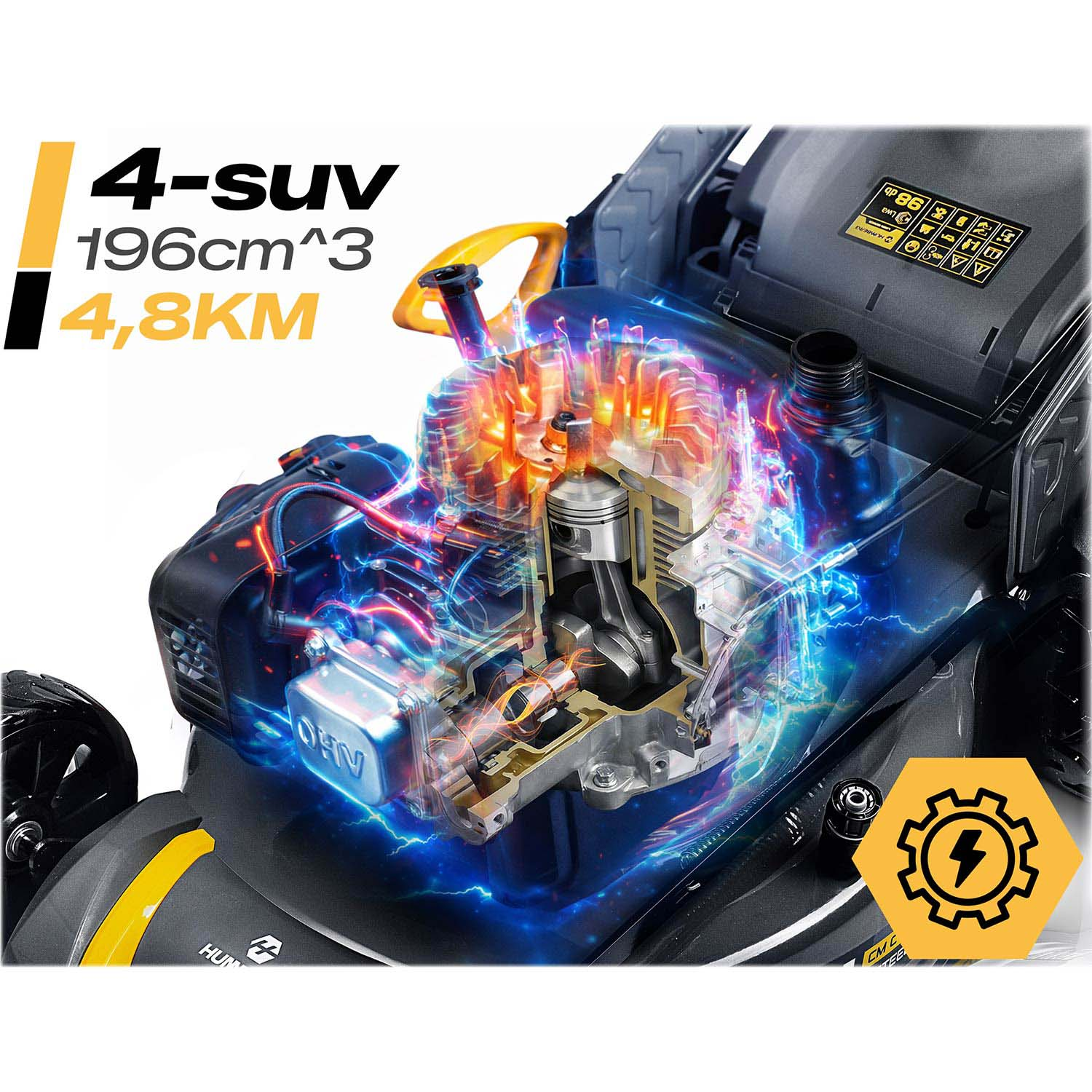 Widok przekroju silnika kosiarki, pokazujący wewnętrzne komponenty z efektami świecącej energii.