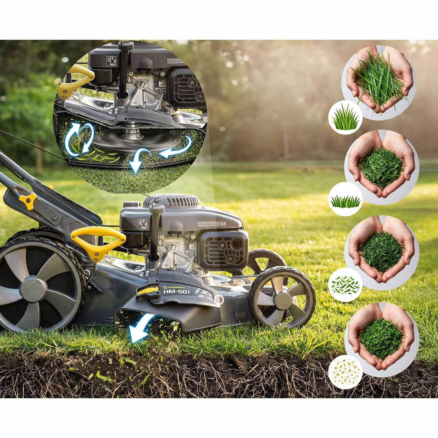 Kosiarka w akcji, pokazuje trawę przed i po skoszeniu w dłoniach.